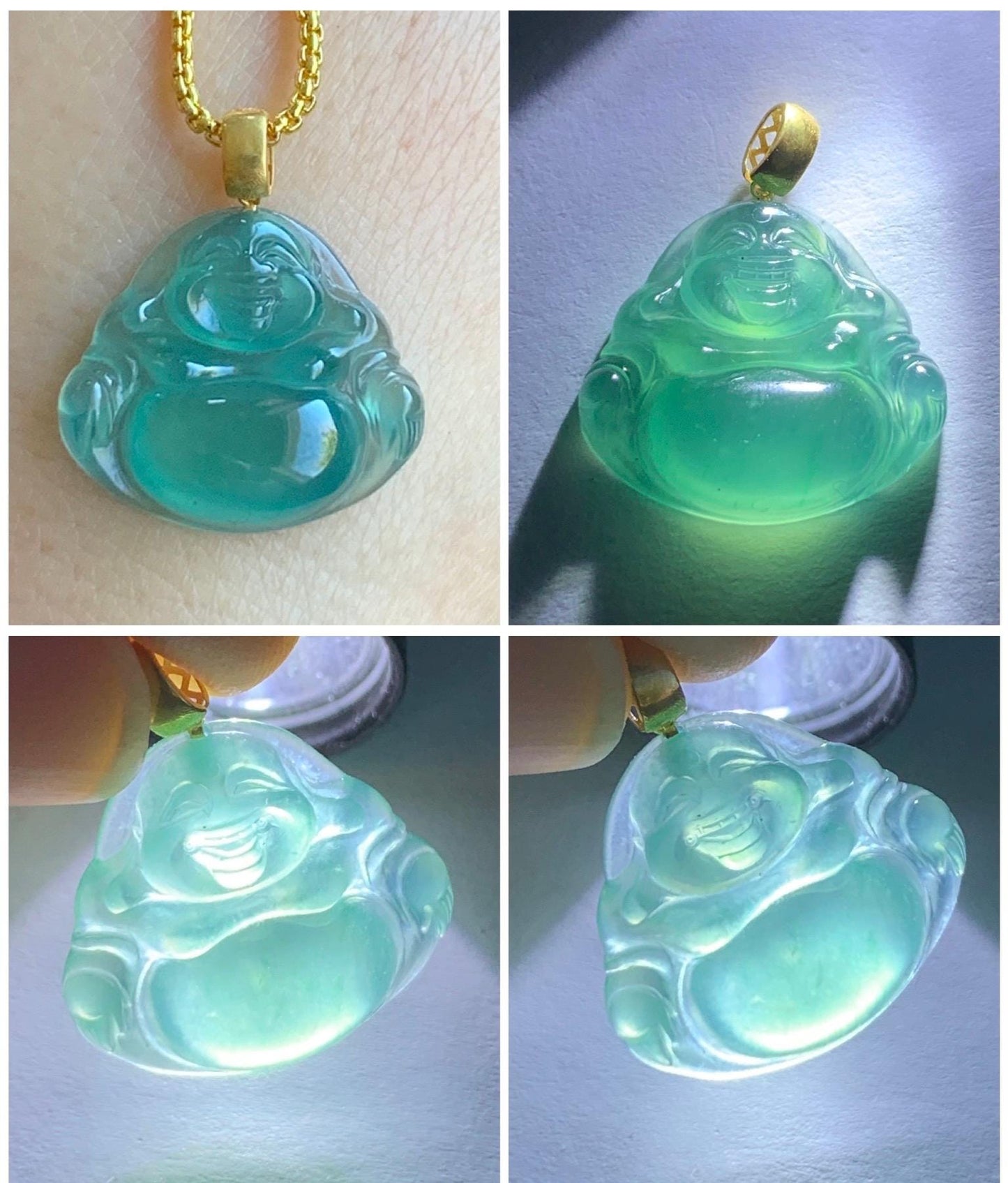 Natural Grade A Guatemalan Premium Icy Highly Translucent Teal Green Jadeite Buddha Pendant 18K Yellow Gold Bail 2g 天然冰危蓝绿起光翡翠佛公镶嵌吊坠