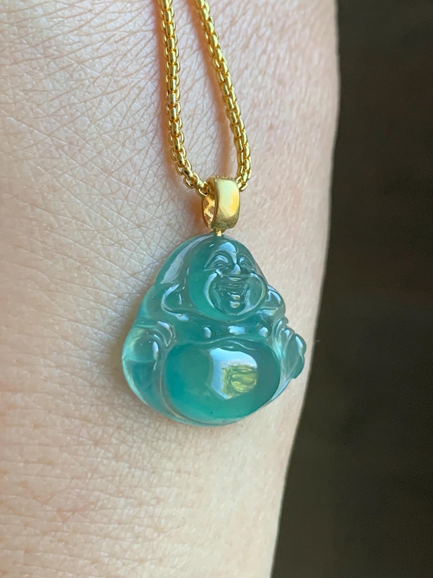 Natural Grade A Guatemalan Premium Icy Highly Translucent Teal Green Jadeite Buddha Pendant 18K Yellow Gold Bail 2g 天然冰危蓝绿起光翡翠佛公镶嵌吊坠
