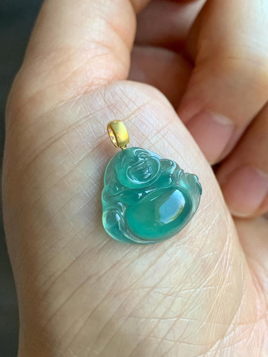Natural Grade A Guatemalan Premium Icy Highly Translucent Teal Green Jadeite Buddha Pendant 18K Yellow Gold Bail 2g 天然冰危蓝绿起光翡翠佛公镶嵌吊坠