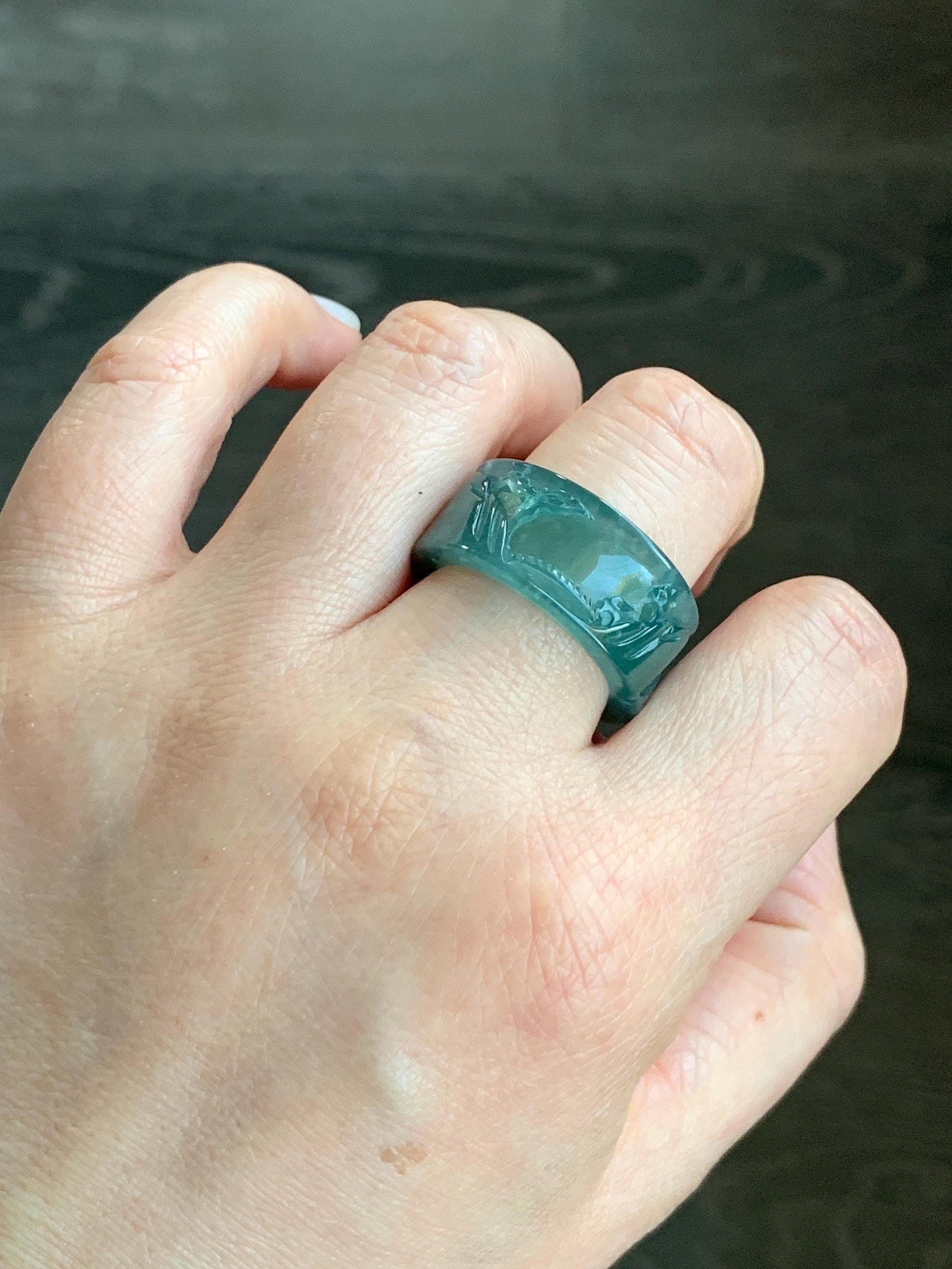 Certified Natural Guatemalan Icy Highly Translucent Dark Teal Green Jadeite Engraved Shan Shui Band Ring Banzhi Size 10 天然高冰危蓝绿翡翠山水戒圈 1689