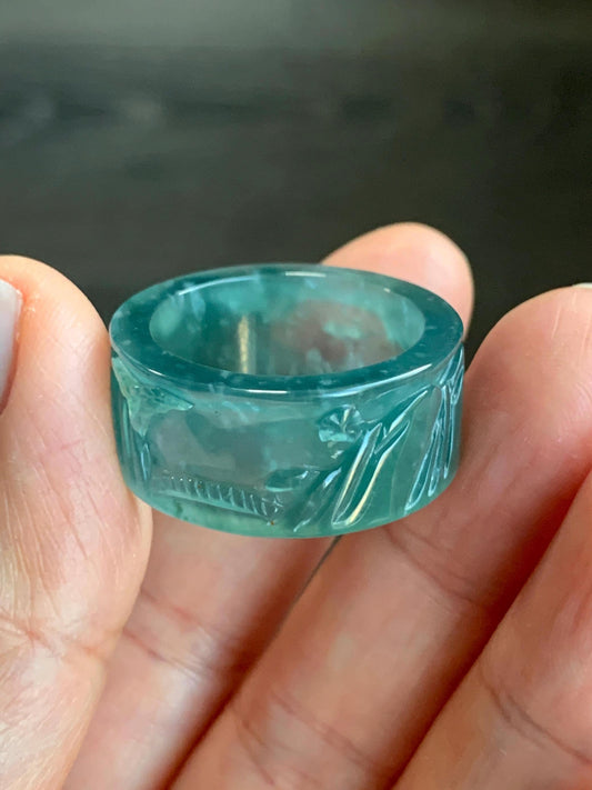 Certified Natural Guatemalan Icy Highly Translucent Dark Teal Green Jadeite Engraved Shan Shui Band Ring Banzhi Size 10 天然高冰危蓝绿翡翠山水戒圈
