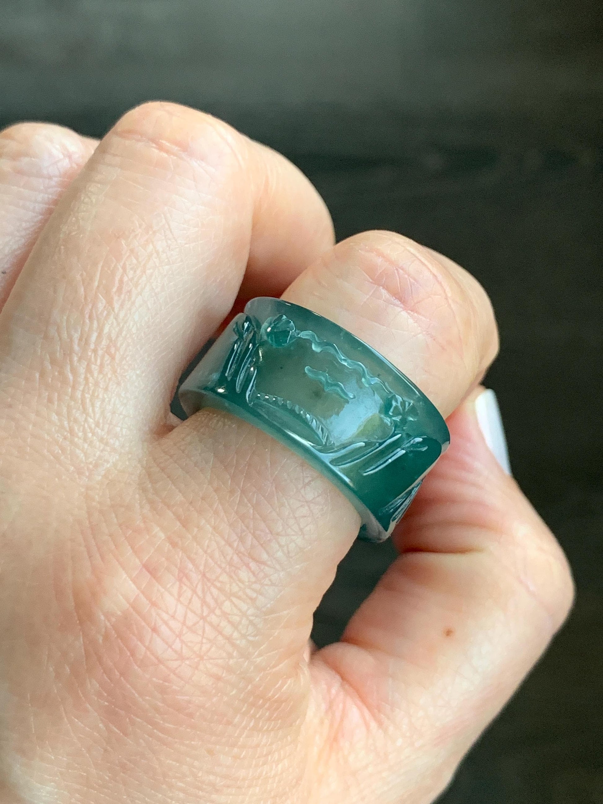 Certified Natural Guatemalan Icy Highly Translucent Dark Teal Green Jadeite Engraved Shan Shui Band Ring Banzhi Size 10