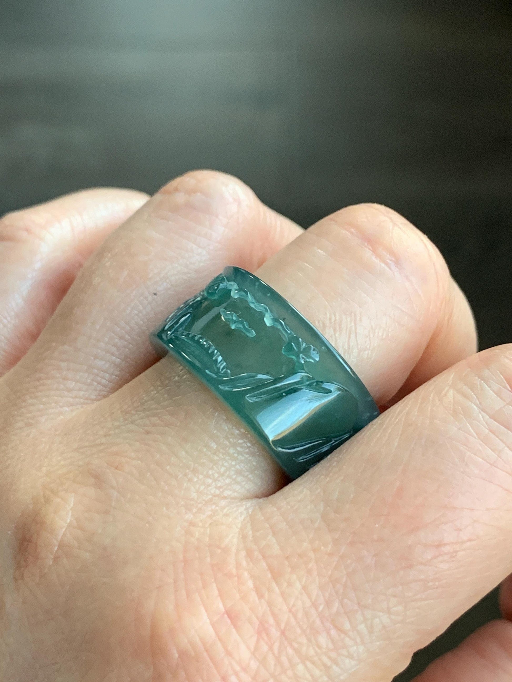 Certified Natural Guatemalan Icy Highly Translucent Dark Teal Green Jadeite Engraved Shan Shui Band Ring Banzhi Size 10 天然高冰危蓝绿翡翠山水戒圈 1690