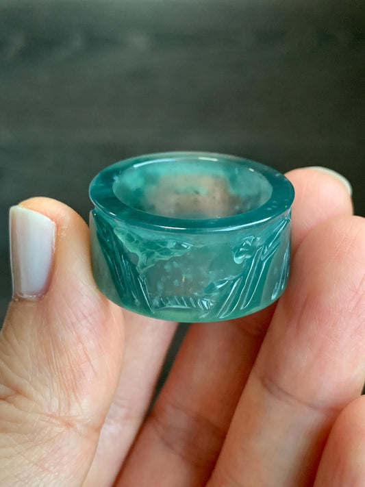 Certified Natural Guatemalan Icy Highly Translucent Dark Teal Green Jadeite Engraved Shan Shui Band Ring Banzhi Size 10 天然高冰危蓝绿翡翠山水戒圈