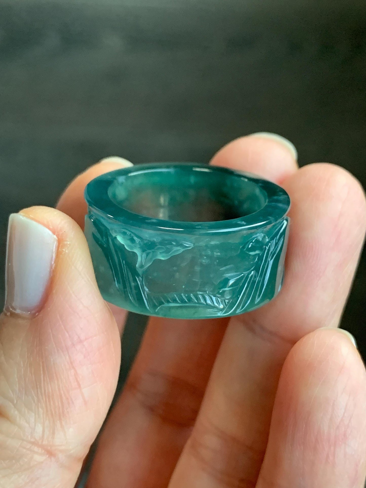 Certified Natural Guatemalan Icy Highly Translucent Dark Teal Green Jadeite Engraved Shan Shui Band Ring Banzhi Size 10 天然高冰危蓝绿翡翠山水戒圈