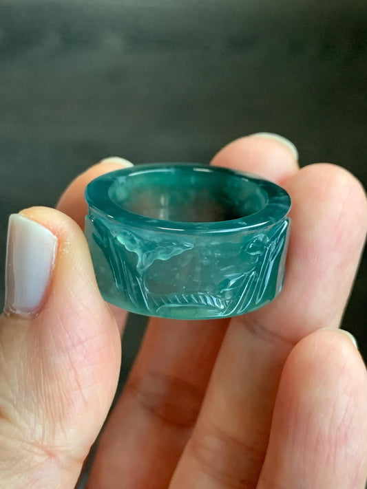 Certified Natural Guatemalan Icy Highly Translucent Dark Teal Green Jadeite Engraved Shan Shui Band Ring Banzhi Size 10 天然高冰危蓝绿翡翠山水戒圈