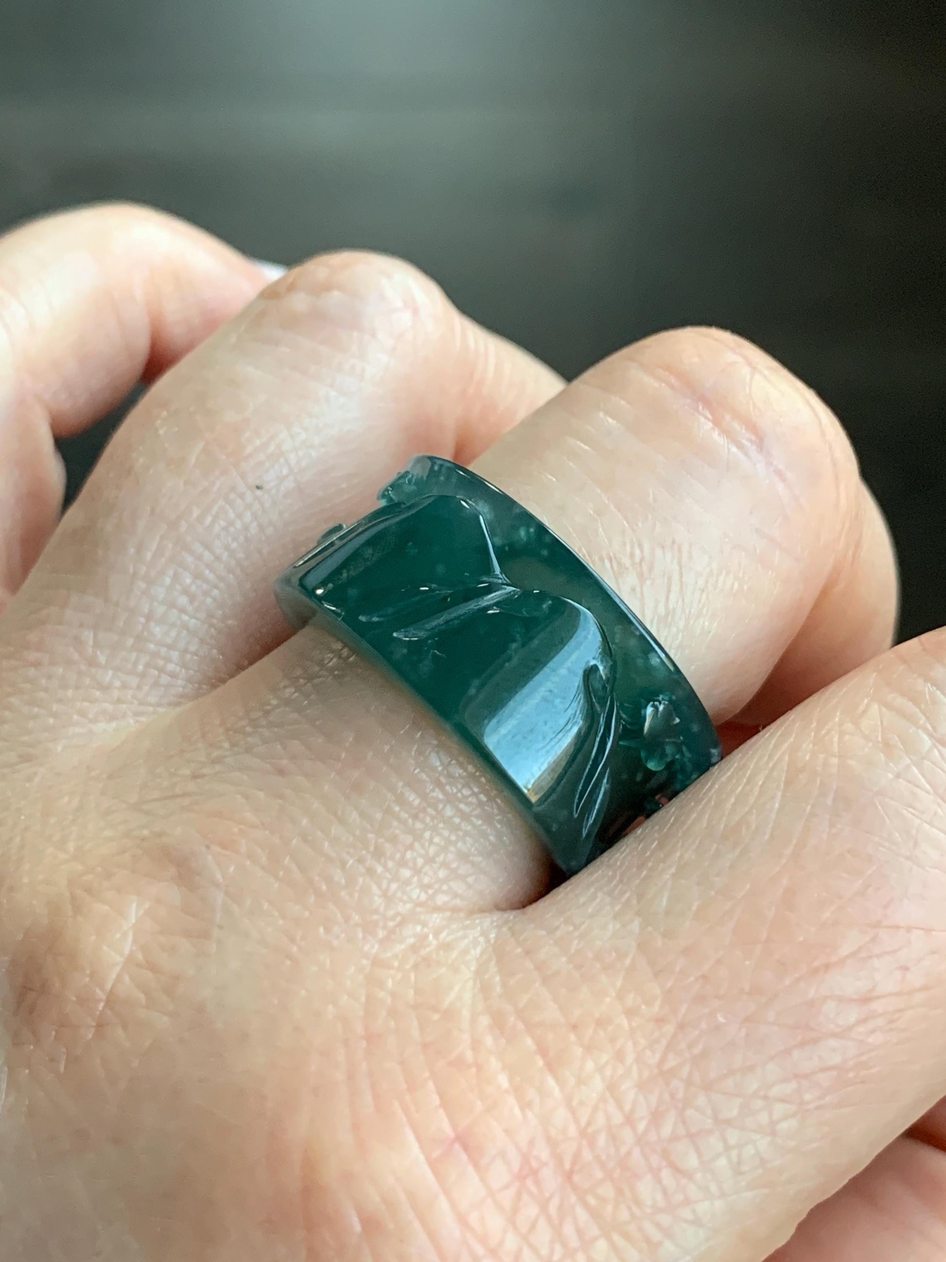Certified Natural Guatemalan Icy Highly Translucent Dark Teal Green Jadeite Engraved Shan Shui Band Ring Banzhi Size 10 天然高冰危蓝绿翡翠山水戒圈 1688