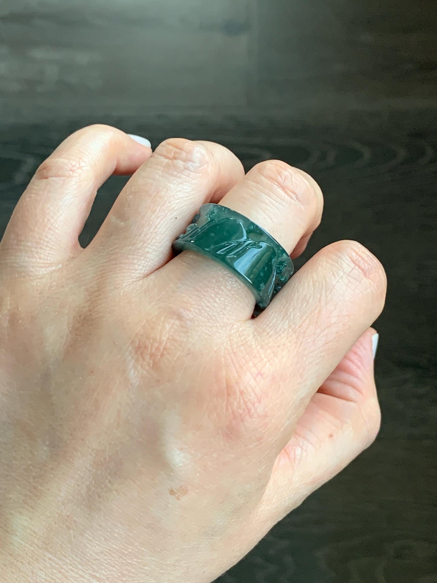 Certified Natural Guatemalan Icy Highly Translucent Dark Teal Green Jadeite Engraved Shan Shui Band Ring Banzhi Size 10