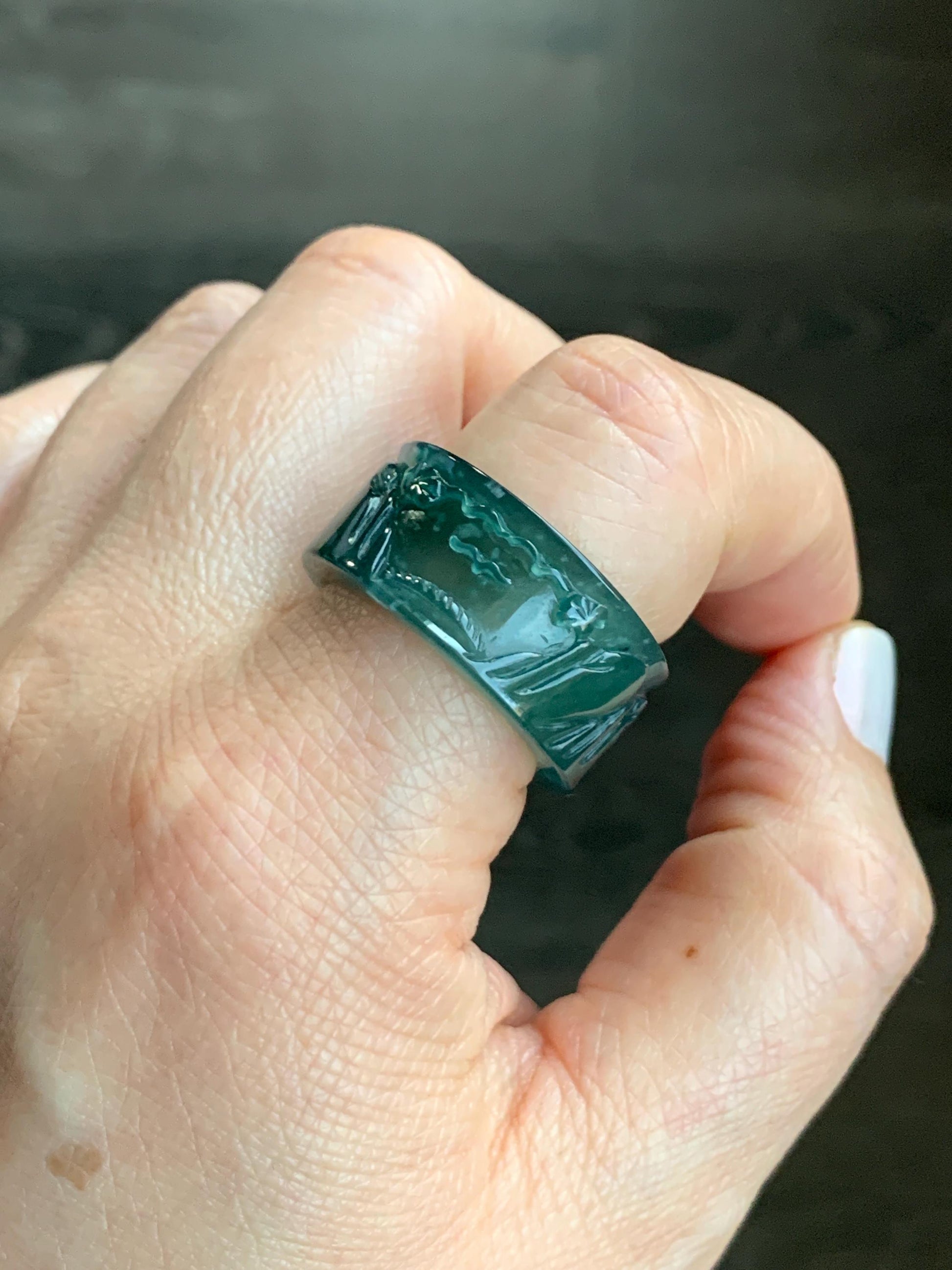 Certified Natural Guatemalan Icy Highly Translucent Dark Teal Green Jadeite Engraved Shan Shui Band Ring Banzhi Size 10