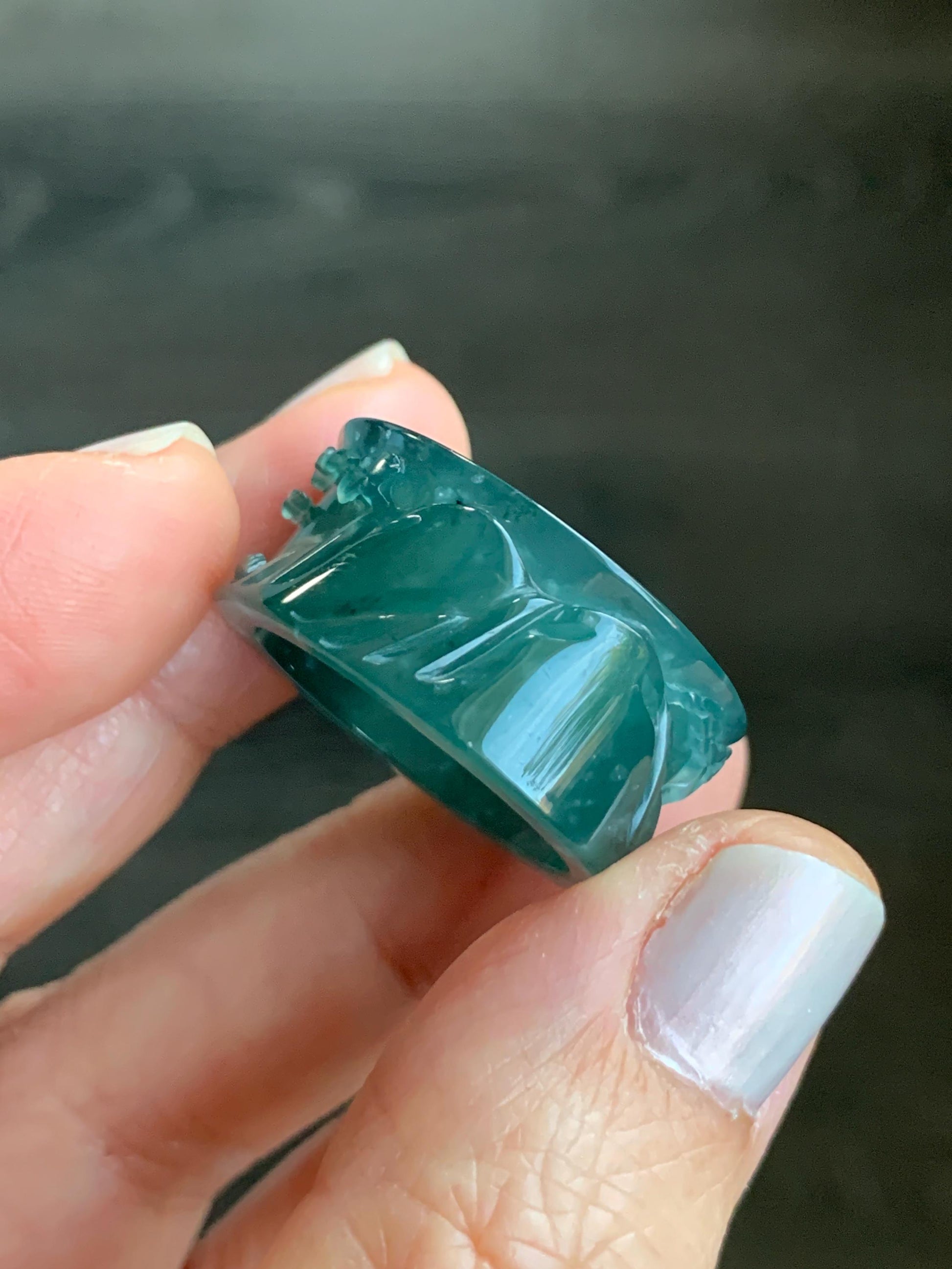 Certified Natural Guatemalan Icy Highly Translucent Dark Teal Green Jadeite Engraved Shan Shui Band Ring Banzhi Size 10