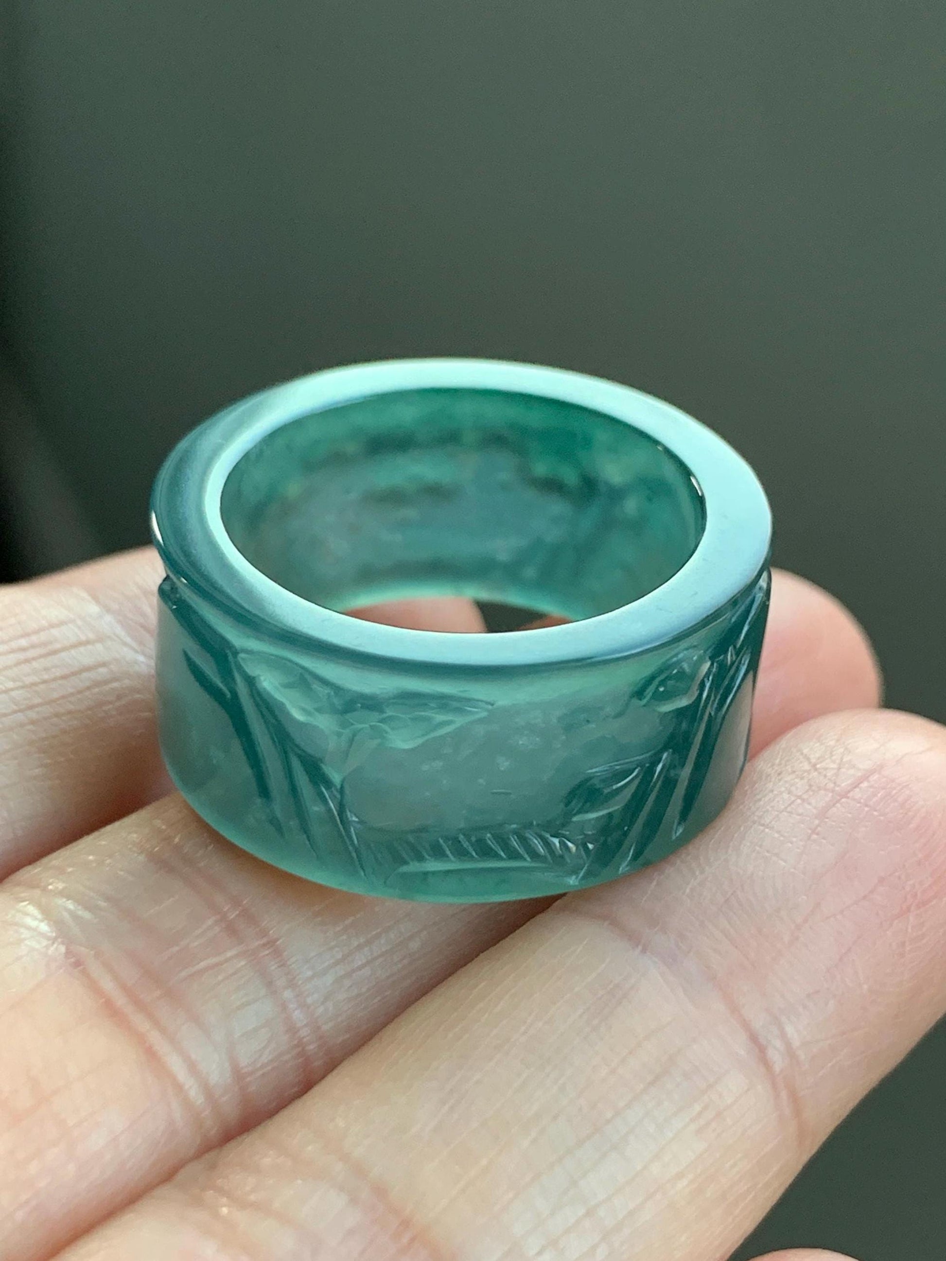 Certified Natural Guatemalan Icy Highly Translucent Dark Teal Green Jadeite Engraved Shan Shui Band Ring Banzhi Size 10