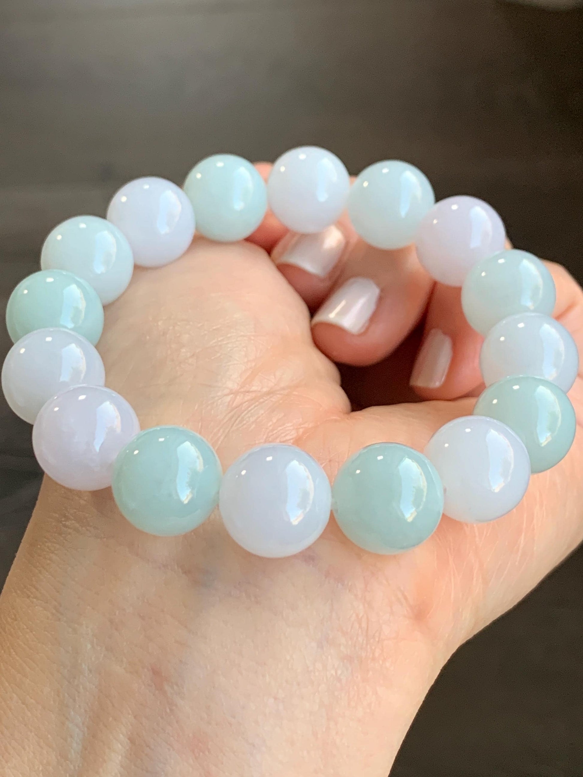 Certified Natural Grade A Icy Translucent Pastel Multicolored Jadeite Large Beads Beaded Bracelet Stretchy 13mm