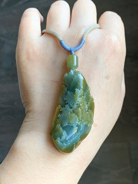 Natural Grade A Icy Translucent Blue & Yellow Bicolored Jadeite Carved Shan Shui Landscape Pendant Rope Necklace 28" 天然冰危蓝加黄翡翠精工雕吊坠