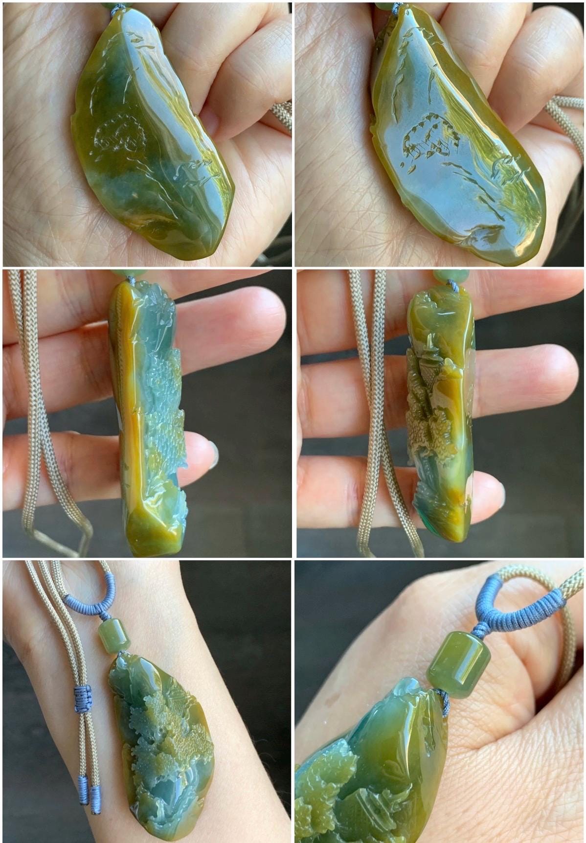 Natural Grade A Icy Translucent Blue & Yellow Bicolored Jadeite Carved Shan Shui Landscape Pendant Rope Necklace 28" 天然冰危蓝加黄翡翠精工雕吊坠