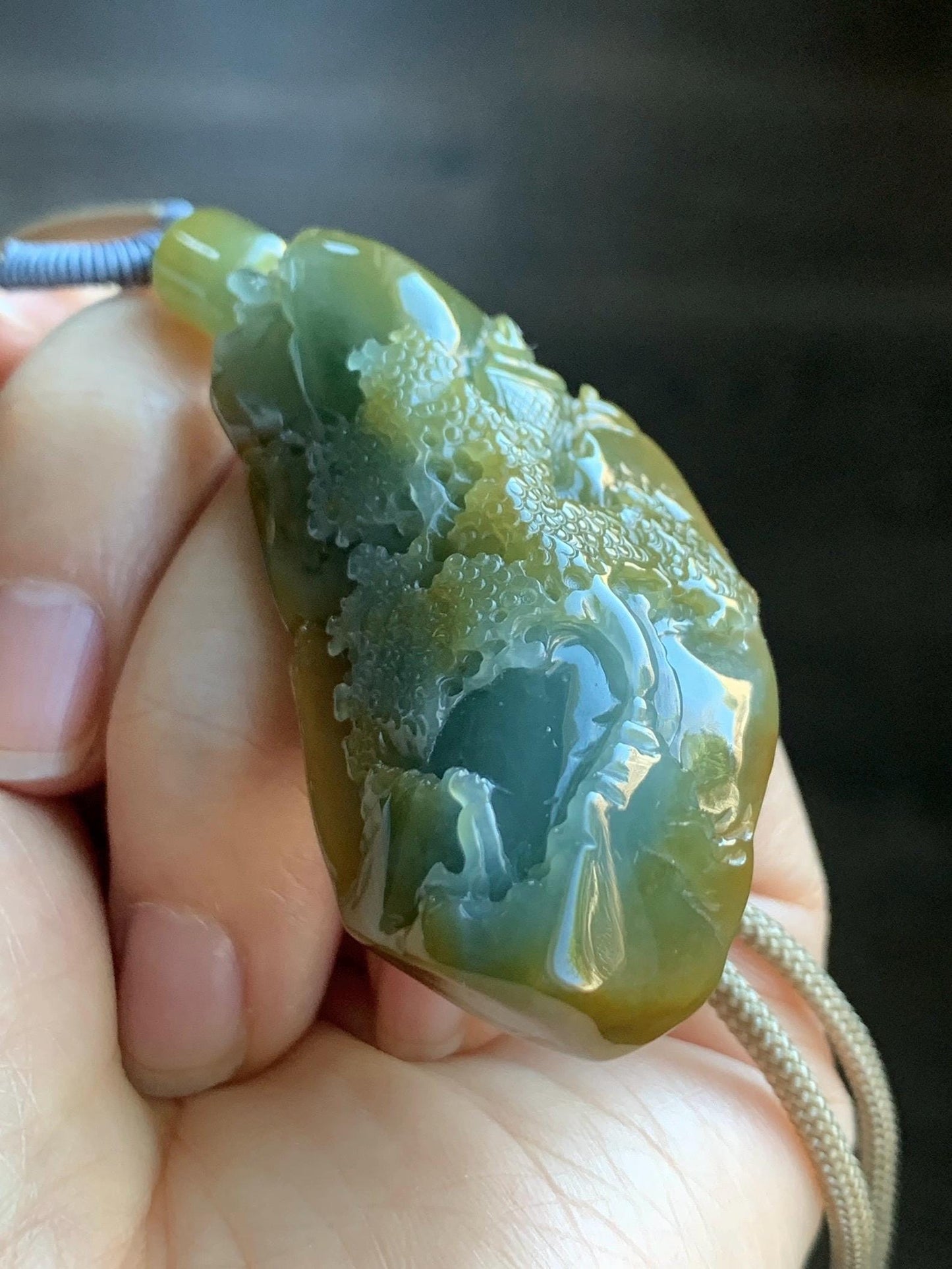 Natural Grade A Icy Translucent Blue & Yellow Bicolored Jadeite Carved Shan Shui Landscape Pendant Rope Necklace 28" 天然冰危蓝加黄翡翠精工雕吊坠