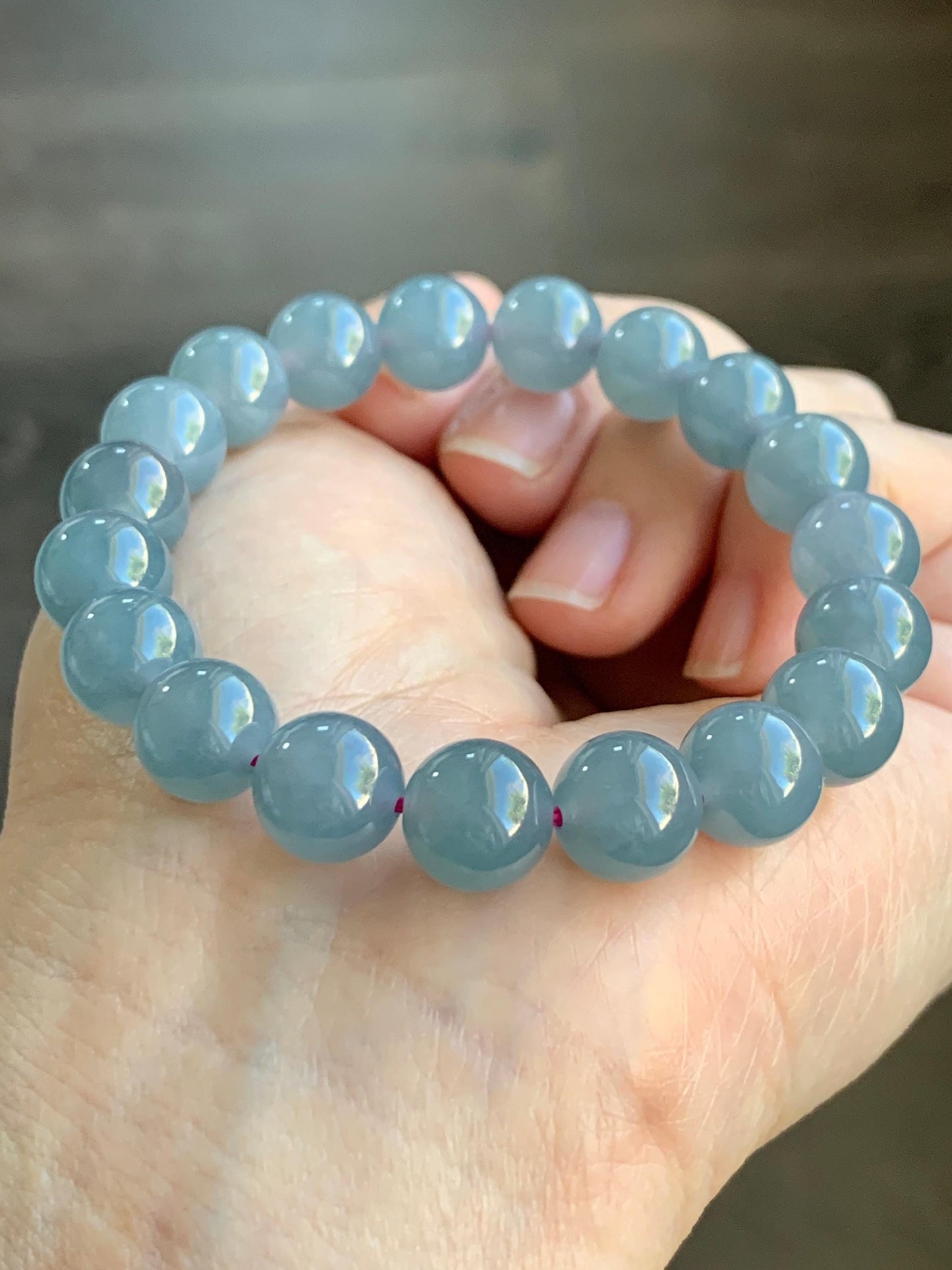 Certified Natural Grade A Icy Translucent Gelatinous Dusty Purplish Blue Jadeite Beaded Bracelet 9.6mm 6.75&quot; 30g 7849