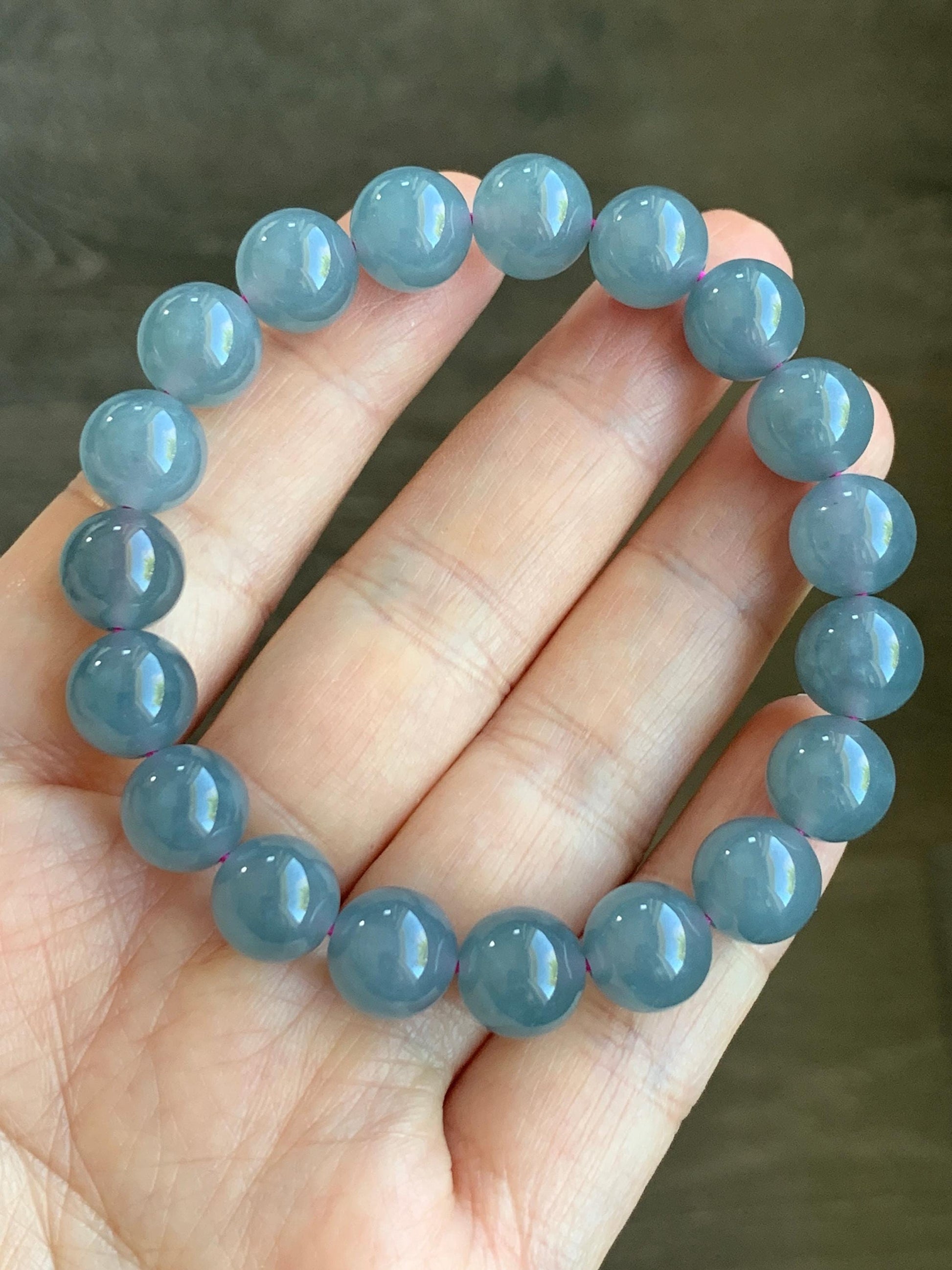 Certified Natural Grade A Icy Translucent Gelatinous Dusty Purplish Blue Jadeite Beaded Bracelet 9.6mm 6.75&quot; 30g 7849