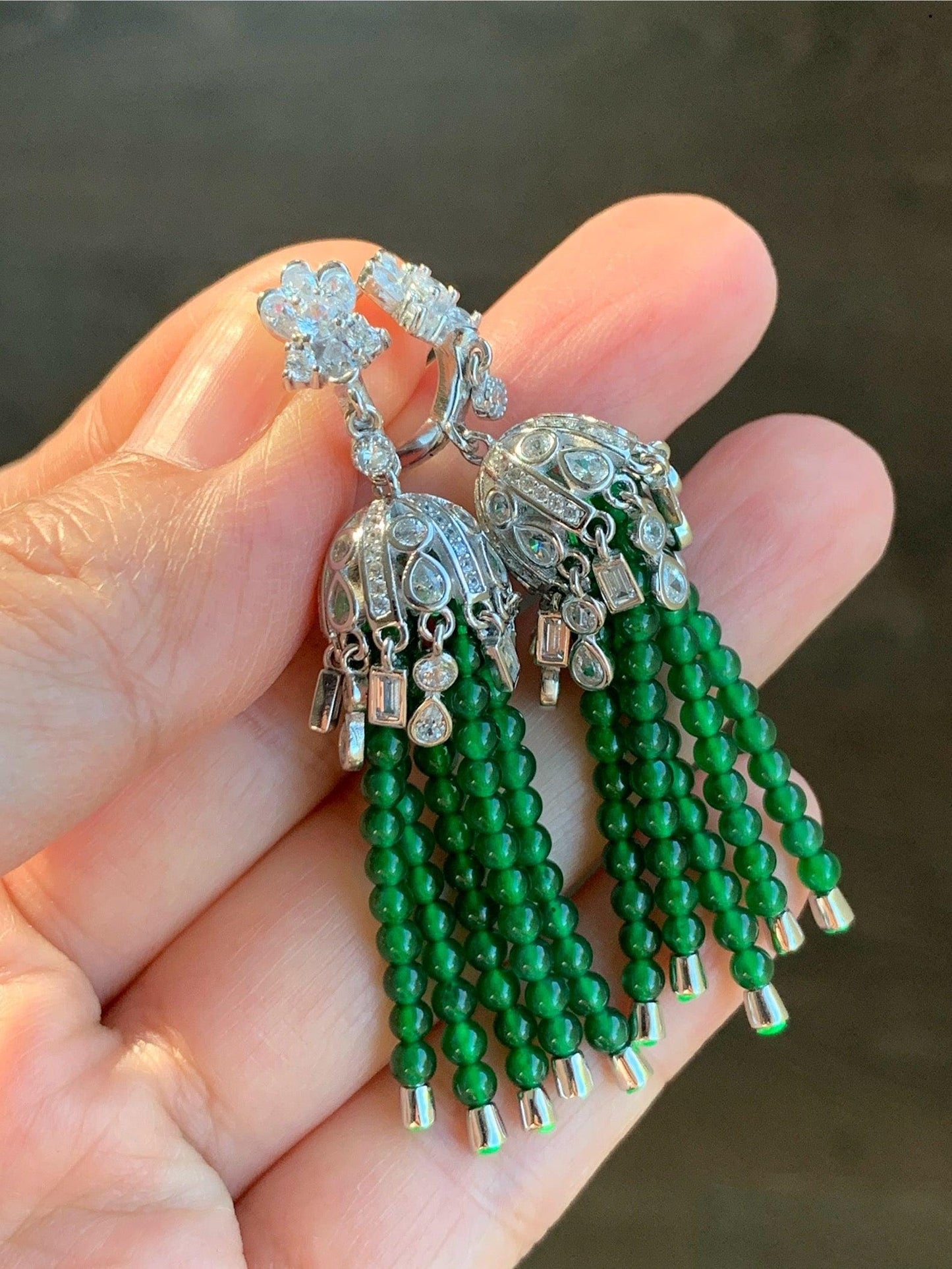 Certified Natural Grade A Icy Translucent Jadeite Beaded Dangle Earrings Sterling Silver 天然冰危绿小米珠耳包耳环 7844