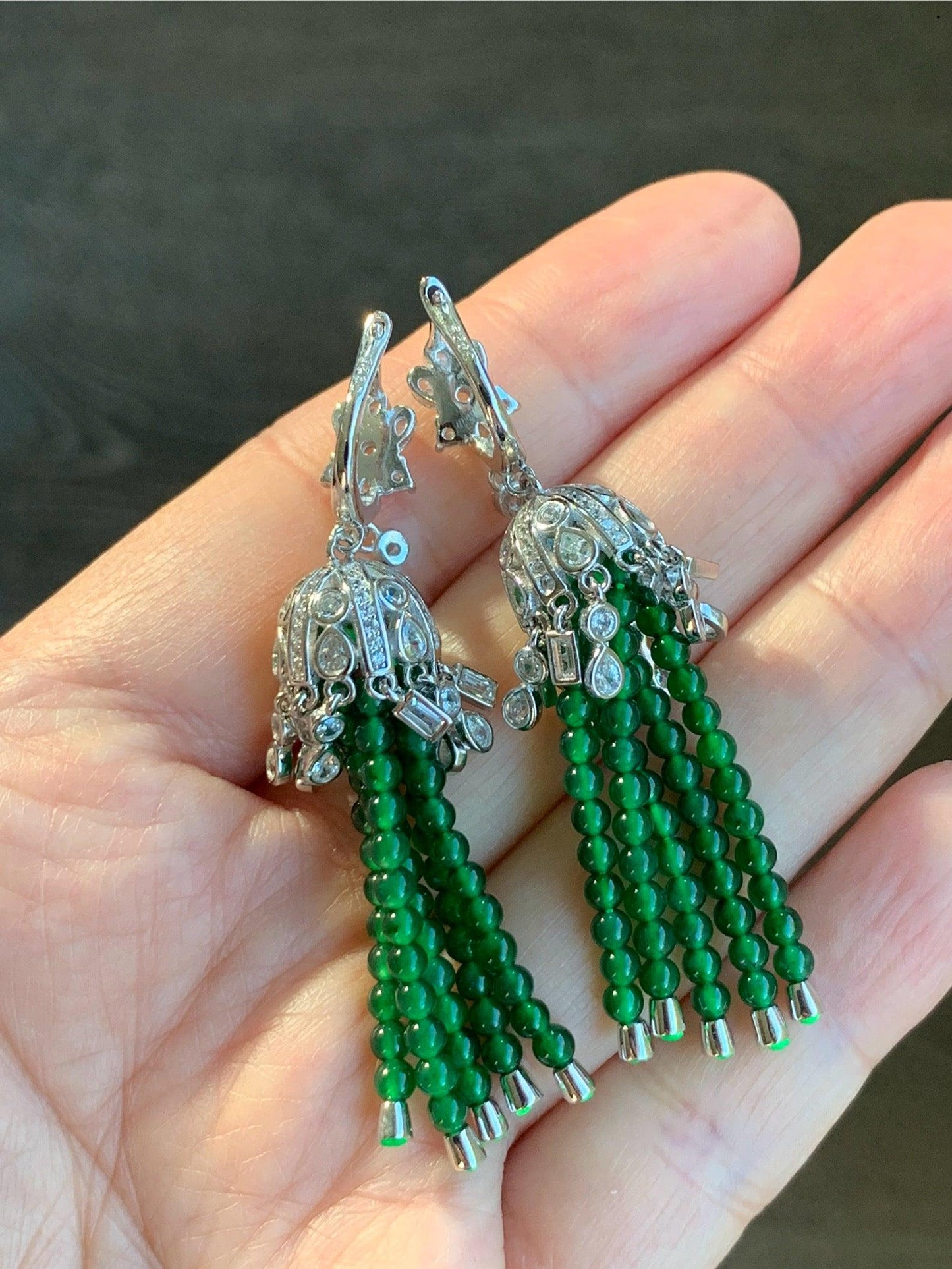 Certified Natural Grade A Icy Translucent Jadeite Beaded Dangle Earrings Sterling Silver 天然冰危绿小米珠耳包耳环 7844