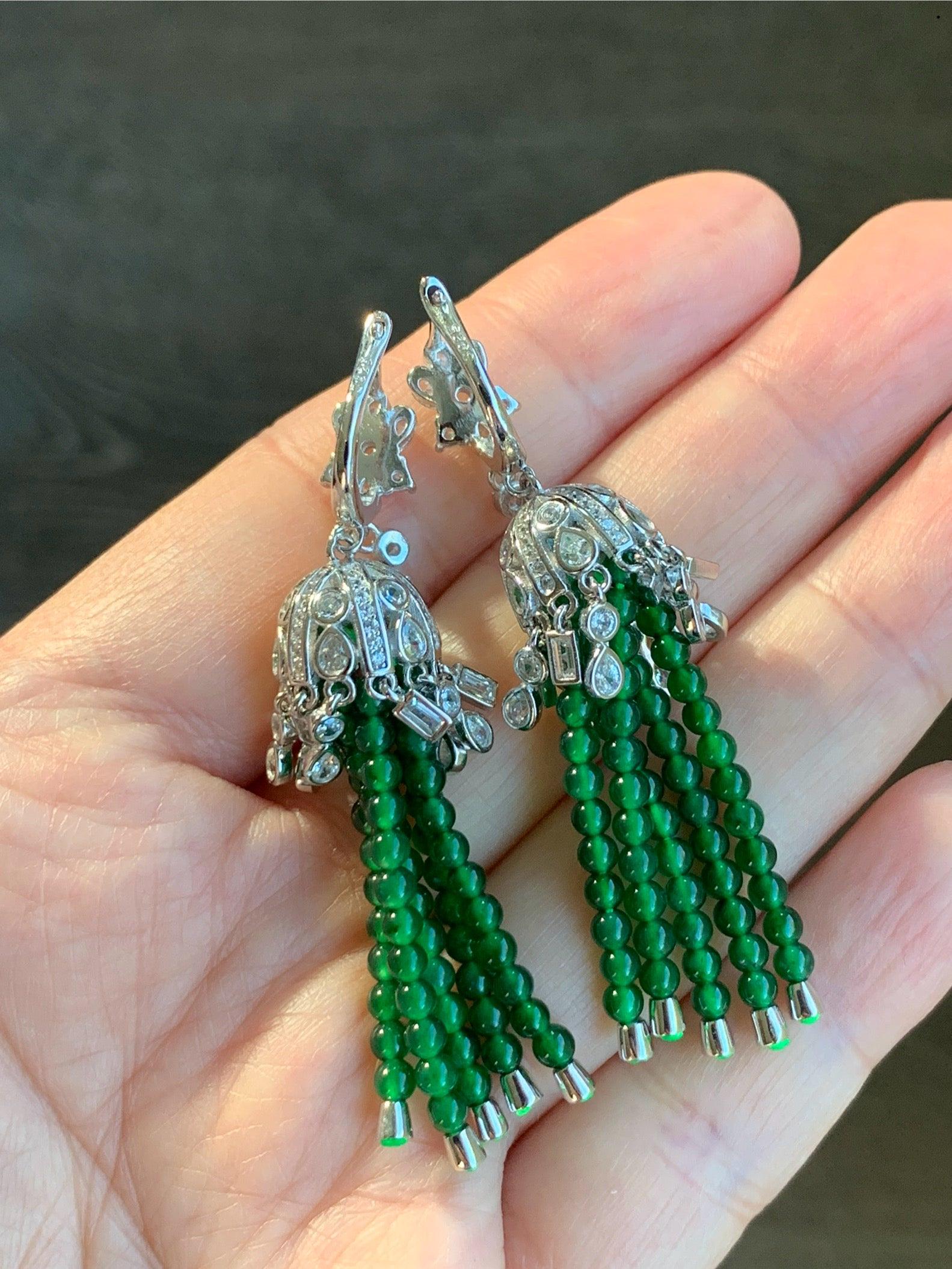 Certified Natural Grade A Icy Translucent Jadeite Beaded Dangle Earrings Sterling Silver 天然冰危绿小米珠耳包耳环 7844