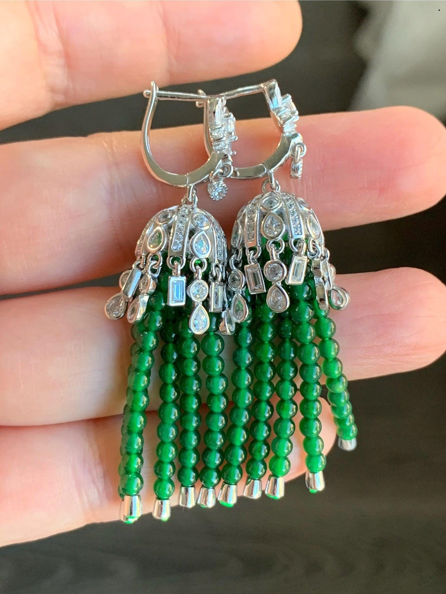 Certified Natural Grade A Icy Translucent Jadeite Beaded Dangle Earrings Sterling Silver 天然冰危绿小米珠耳包耳环 7844