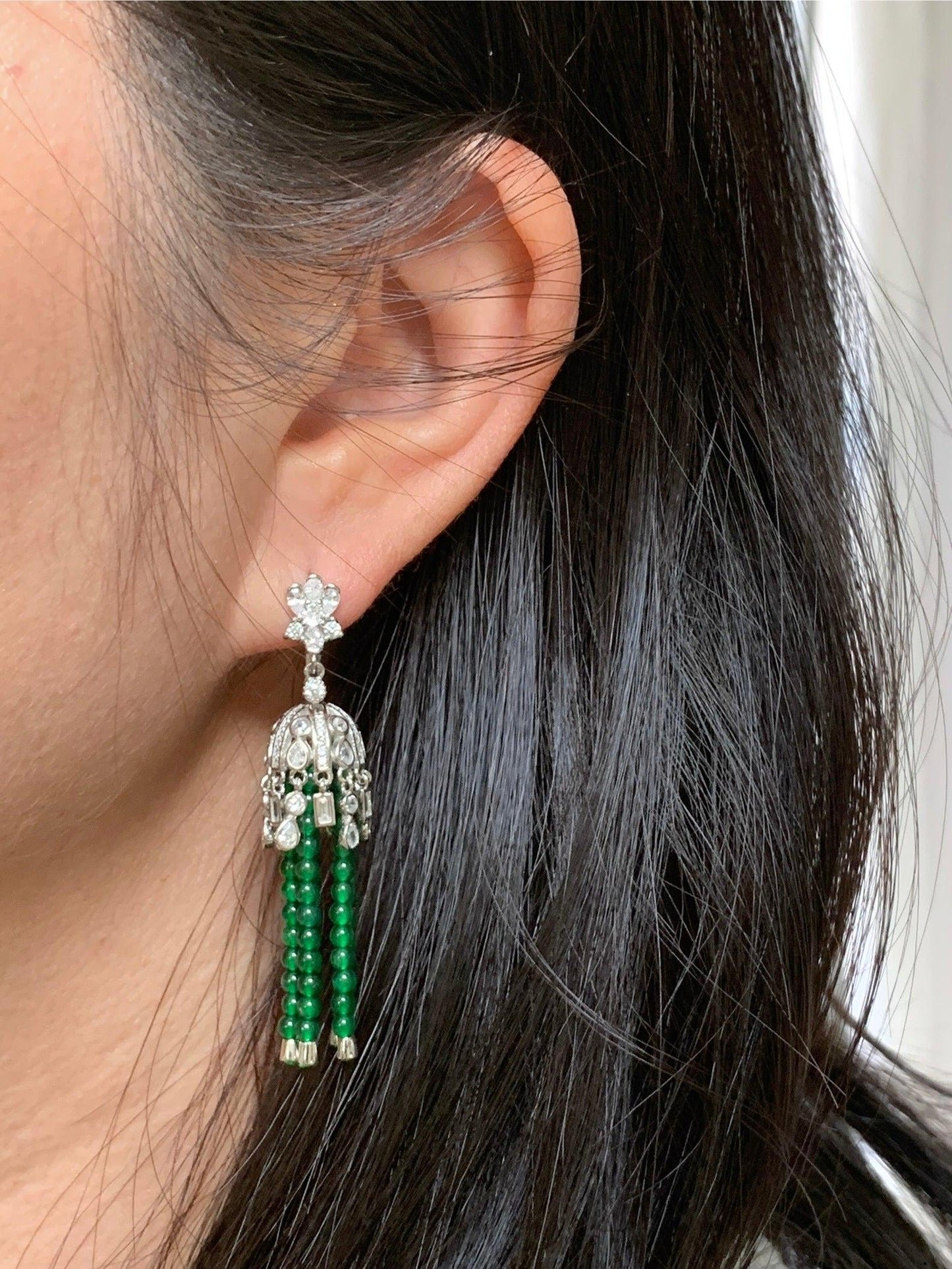 Certified Natural Grade A Icy Translucent Jadeite Beaded Dangle Earrings Sterling Silver 天然冰危绿小米珠耳包耳环 7844