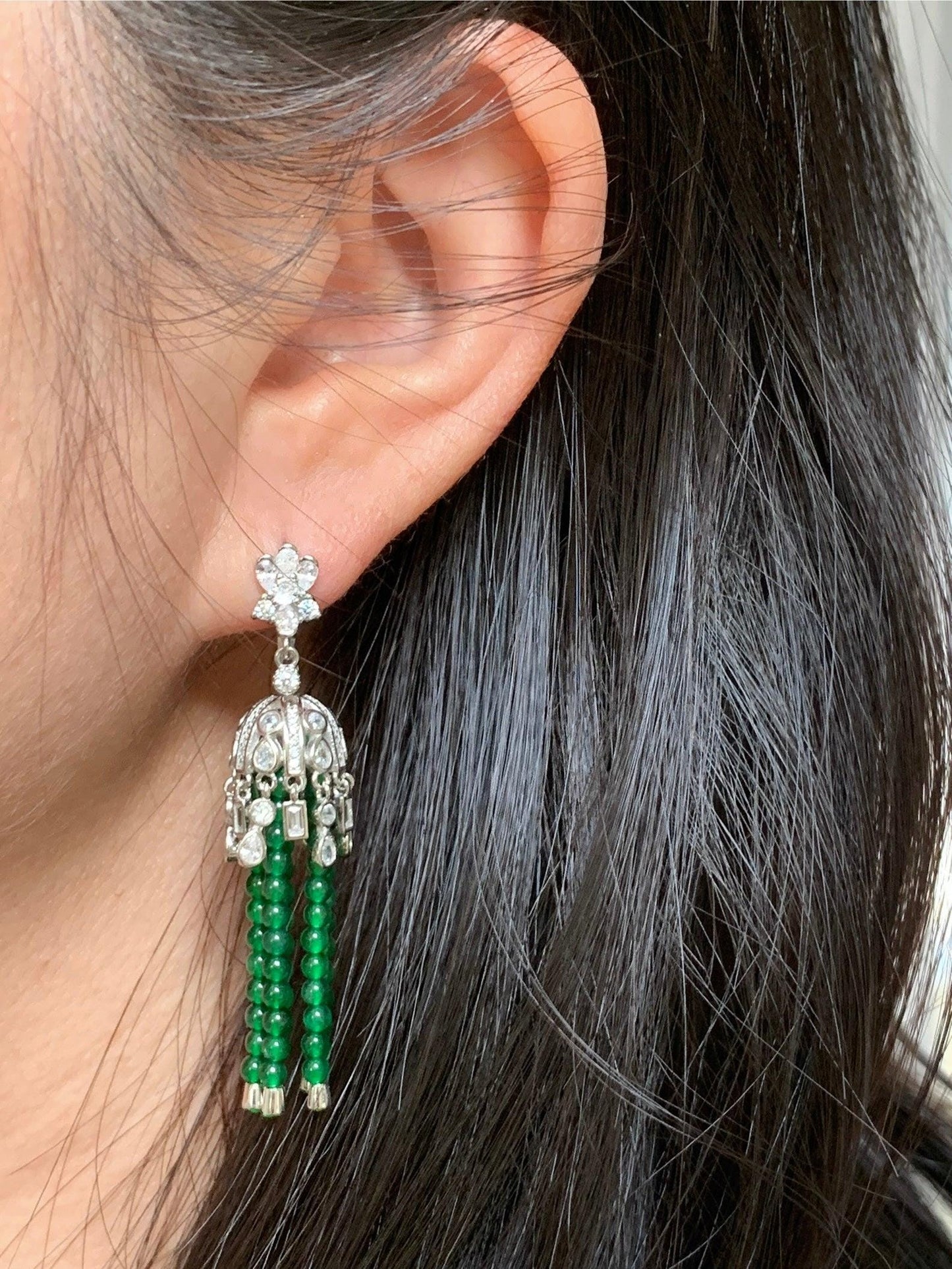 Certified Natural Grade A Icy Translucent Jadeite Beaded Dangle Earrings Sterling Silver 天然冰危绿小米珠耳包耳环 7844