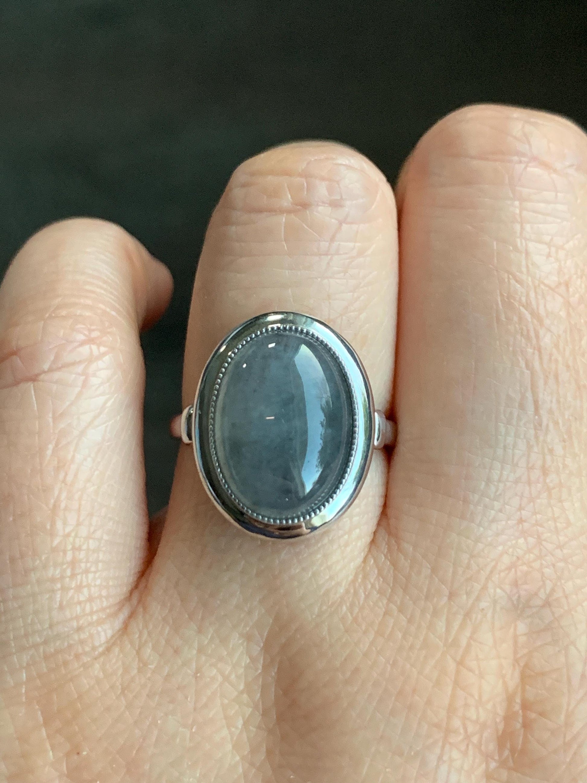 Certified Natural Grade A Icy Translucent Gelatinous Wuji Oval Jadeite Solitaire Ring Sterling Silver Size 7.25 US 4.43g