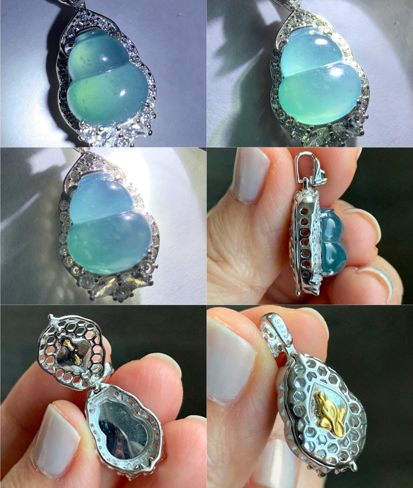 Natural Guatemalan Icy Highly Translucent Teal Blue Jadeite Gourd Hulu Pendant w/ Vibrant Green Jadeite Sterling Silver 天然冰危蓝翡翠葫芦银镶吊坠