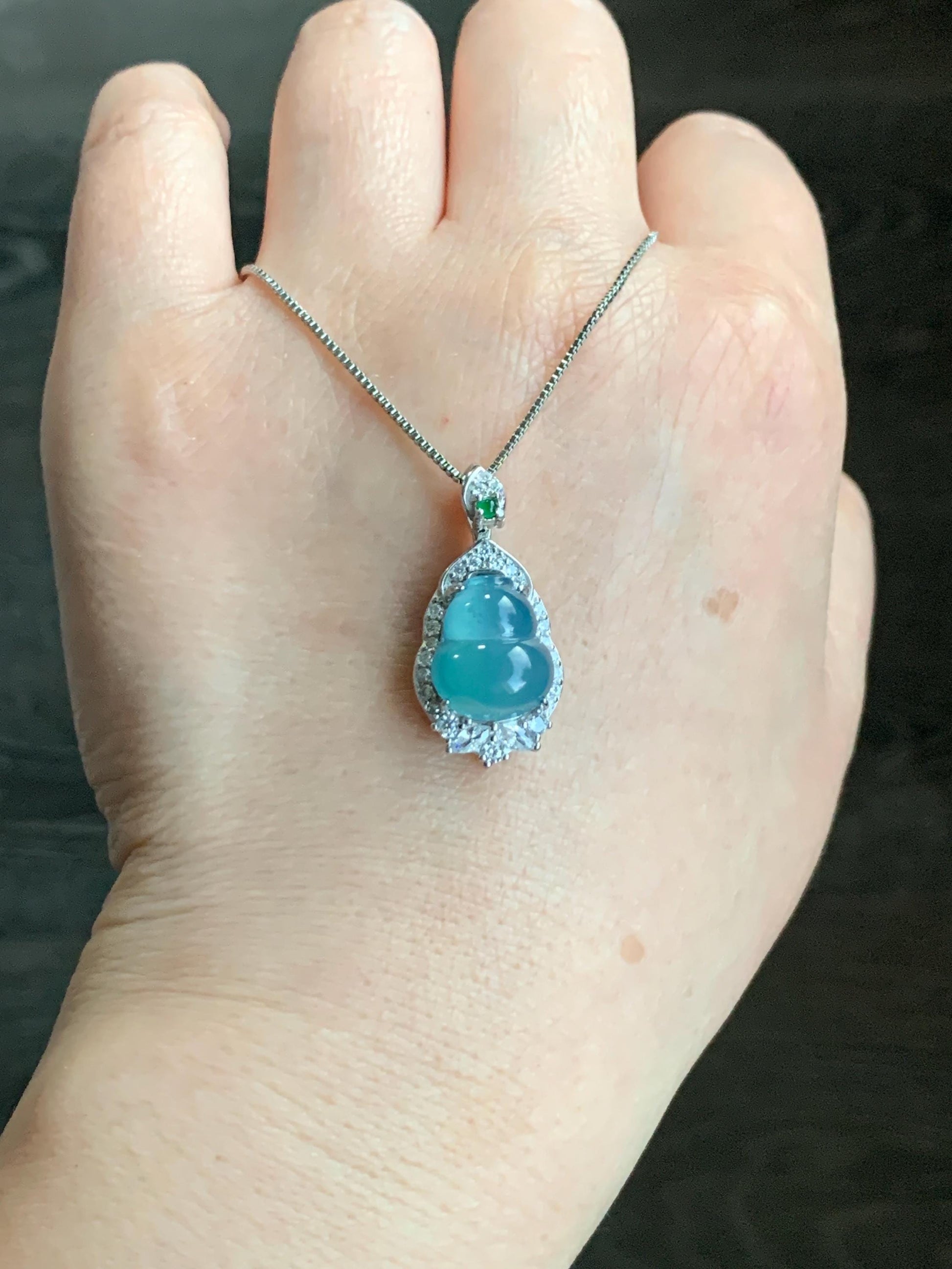 Natural Guatemalan Icy Highly Translucent Teal Blue Jadeite Gourd Hulu Pendant w/ Vibrant Green Jadeite Sterling Silver 天然冰危蓝翡翠葫芦银镶吊坠