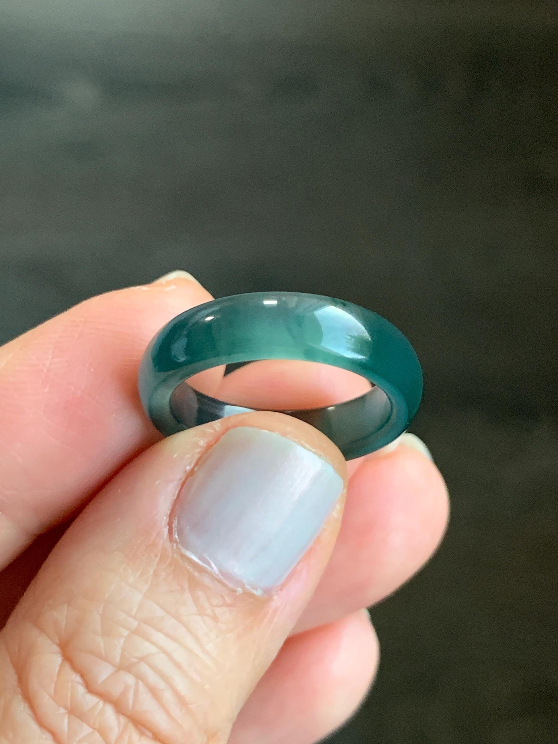 Natural Grade A Guatemalan Icy Highly Translucent Dark Teal Blue Jadeite Band Ring Size 6 US 天然冰危深蓝翡翠戒圈