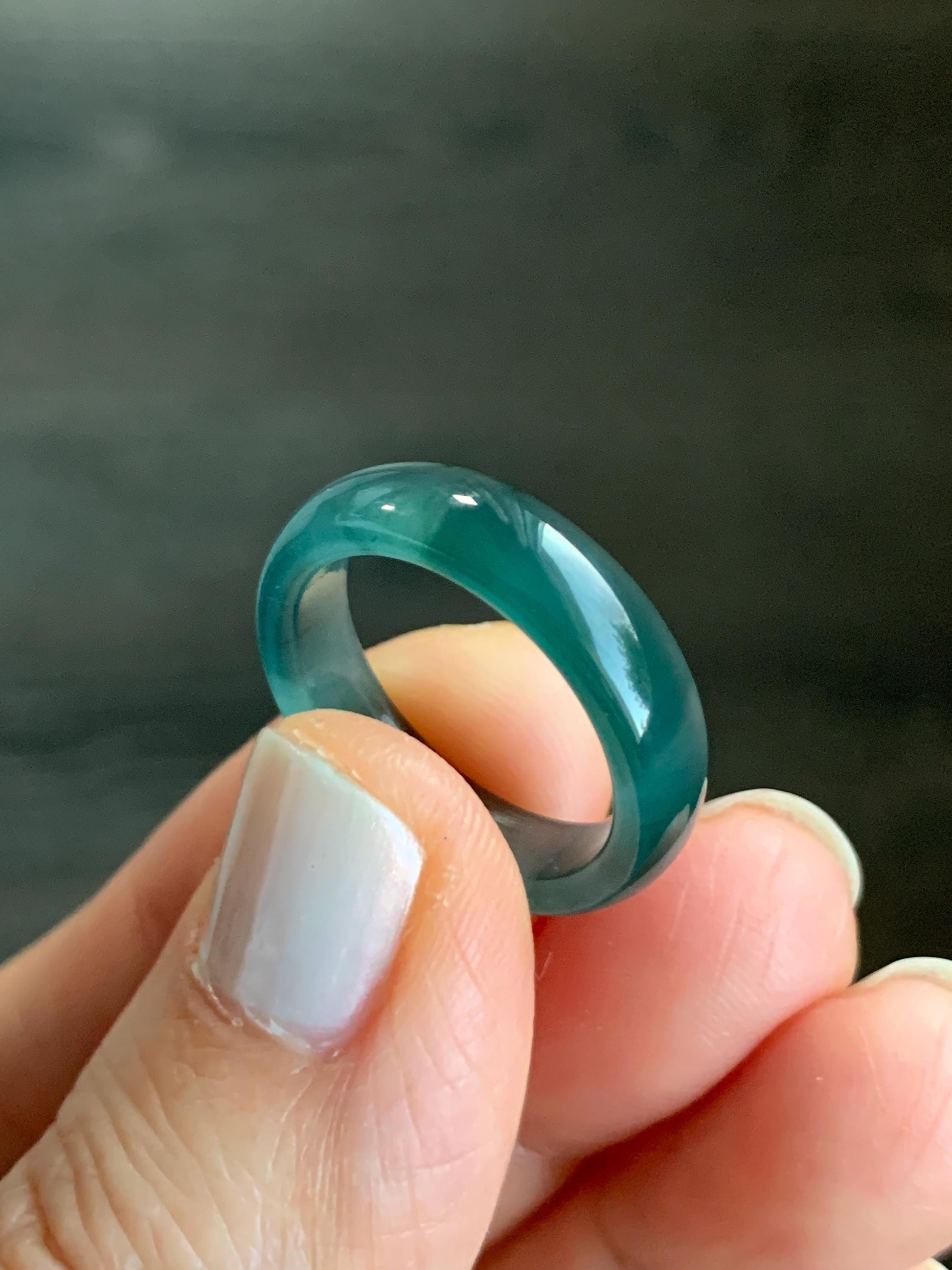Natural Grade A Guatemalan Icy Highly Translucent Dark Teal Blue Jadeite Band Ring Size 6 US 天然冰危深蓝翡翠戒圈