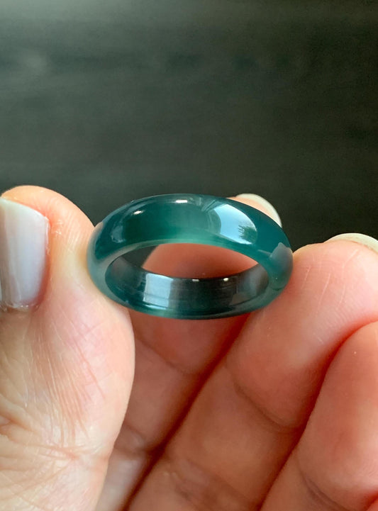 Natural Grade A Guatemalan Icy Highly Translucent Dark Teal Blue Jadeite Band Ring Size 6 US