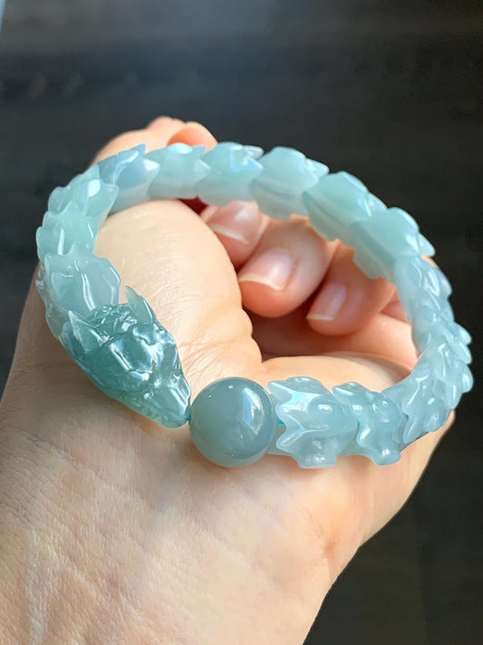 Natural Guatemalan Icy Translucent Gelatinous Dusty Light Blue Jadeite Carved Dragon Bone & Sphere Beaded Bracelet 7.5” 45g 天然冰胶危淡蓝翡翠龙骨翡翠珠手串
