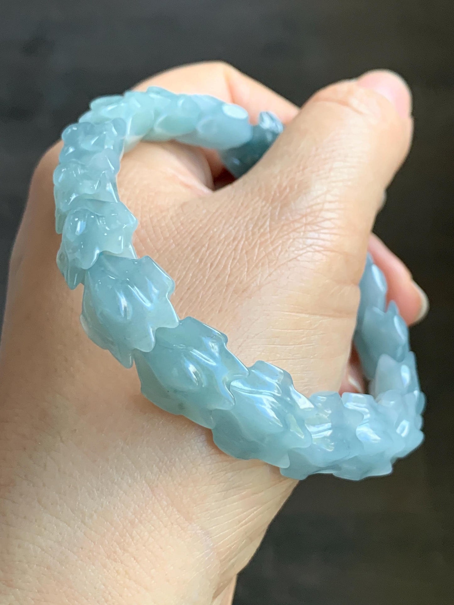 Natural Guatemalan Icy Translucent Gelatinous Dusty Light Blue Jadeite Carved Dragon Bone & Sphere Beaded Bracelet 7.5” 45g 天然冰胶危淡蓝翡翠龙骨翡翠珠手串