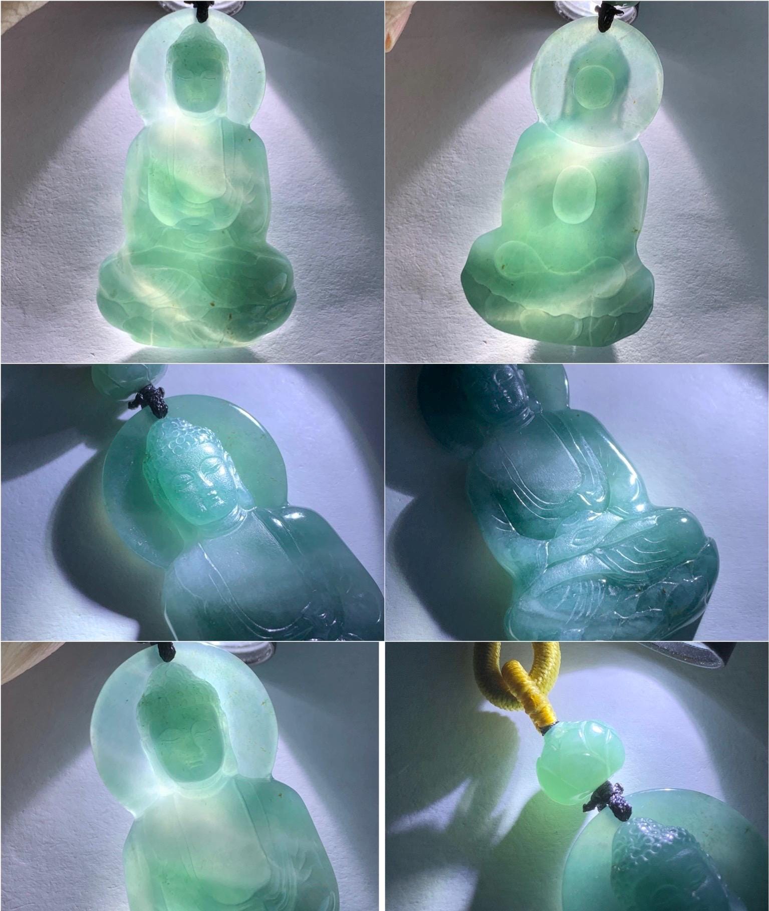 Natural Grade A Guatemalan Icy Translucent Gelatinous Teal Blue Jadeite Shakyamuni Buddha Pendant Rope Necklace 天然冰胶危蓝紫翡翠釋迦牟尼佛吊坠