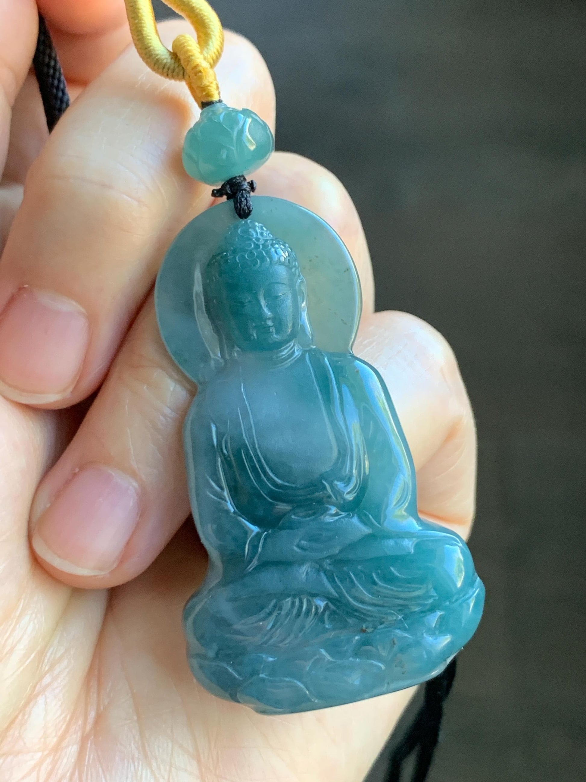 Natural Grade A Guatemalan Icy Translucent Gelatinous Teal Blue Jadeite Shakyamuni Buddha Pendant Rope Necklace 天然冰胶危蓝紫翡翠釋迦牟尼佛吊坠