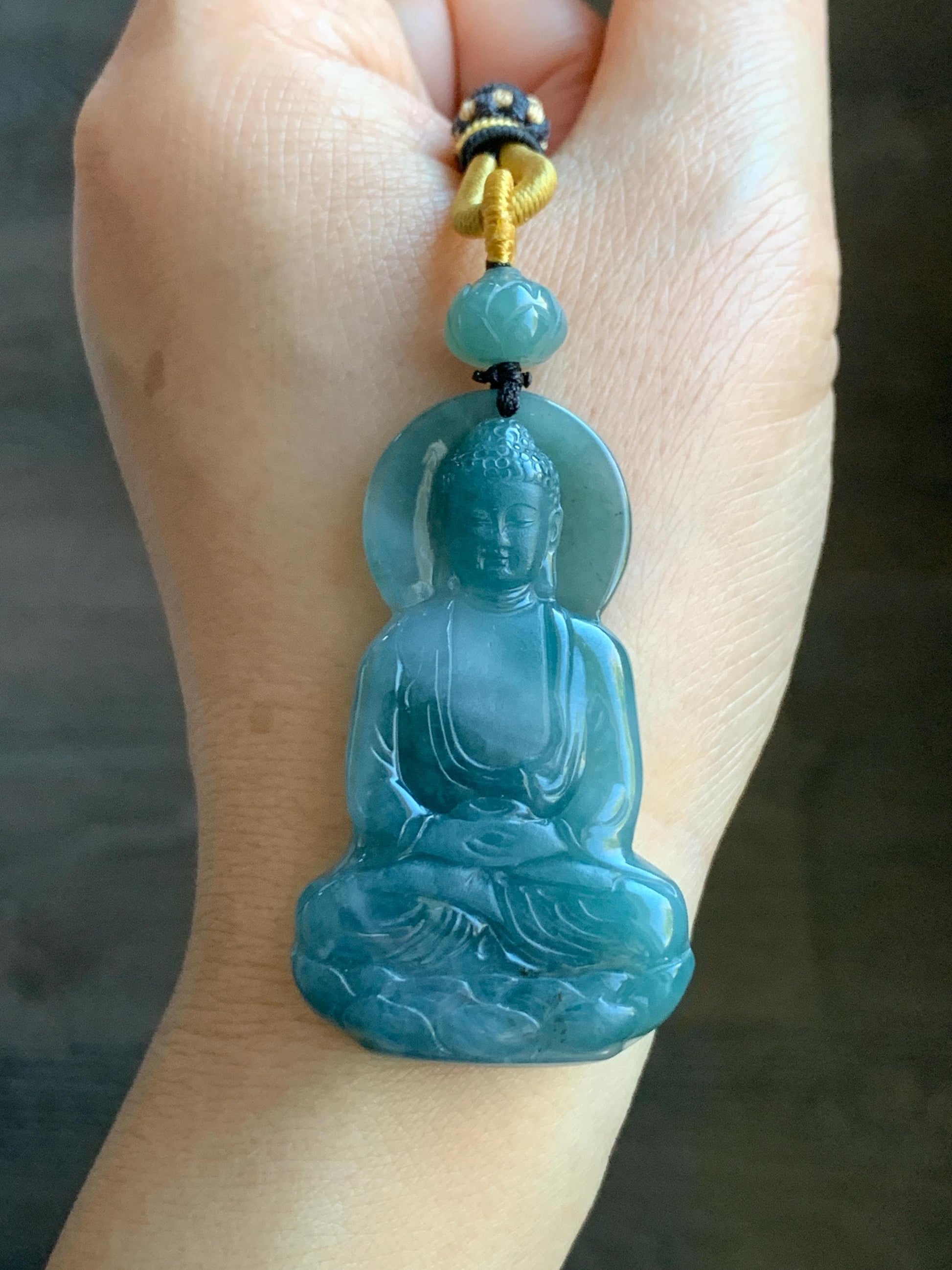 Natural Grade A Guatemalan Icy Translucent Gelatinous Teal Blue Jadeite Shakyamuni Buddha Pendant Rope Necklace 天然冰胶危蓝紫翡翠釋迦牟尼佛吊坠