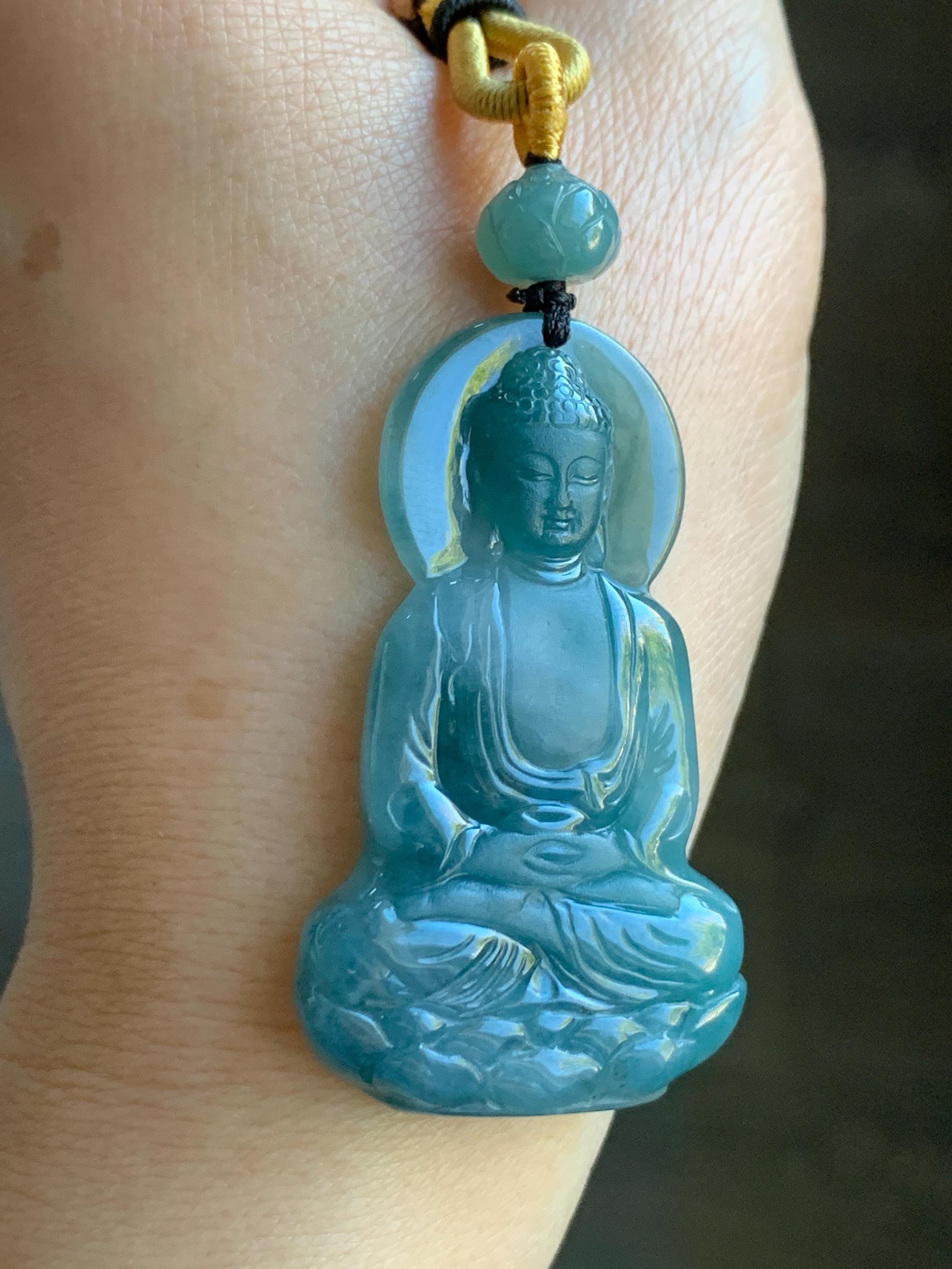Natural Grade A Guatemalan Icy Translucent Gelatinous Teal Blue Jadeite Shakyamuni Buddha Pendant Rope Necklace 天然冰胶危蓝紫翡翠釋迦牟尼佛吊坠