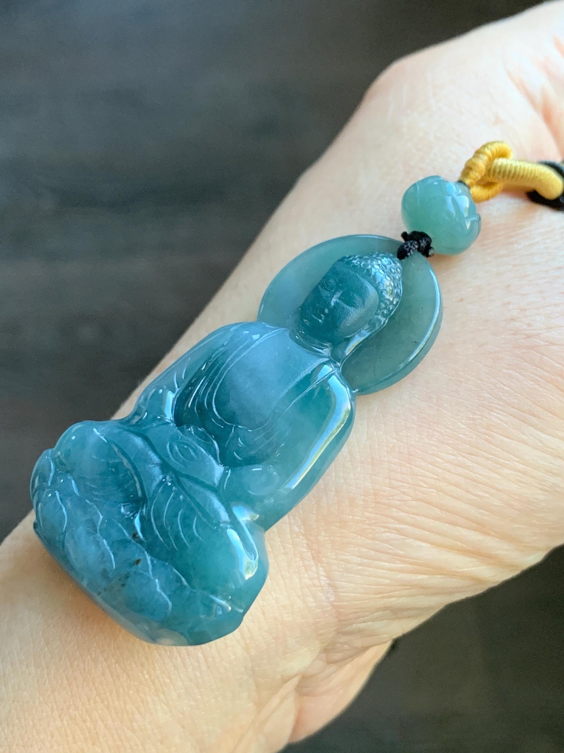 Natural Grade A Guatemalan Icy Translucent Gelatinous Teal Blue Jadeite Shakyamuni Buddha Pendant Rope Necklace 23.5" 20g 天然冰胶危蓝紫翡翠釋迦牟尼佛吊坠