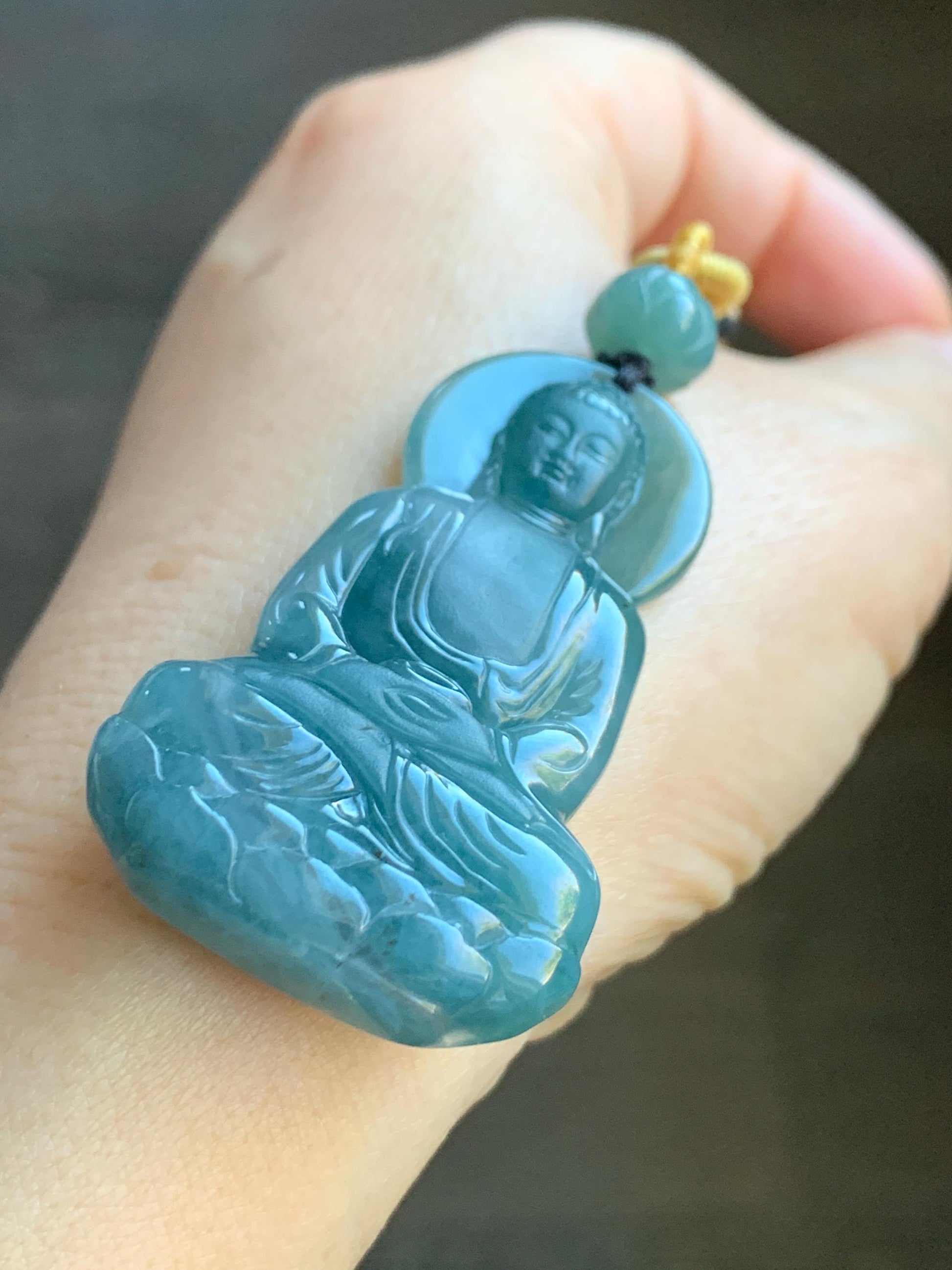 Natural Grade A Guatemalan Icy Translucent Gelatinous Teal Blue Jadeite Shakyamuni Buddha Pendant Rope Necklace 23.5" 20g 天然冰胶危蓝紫翡翠釋迦牟尼佛吊坠