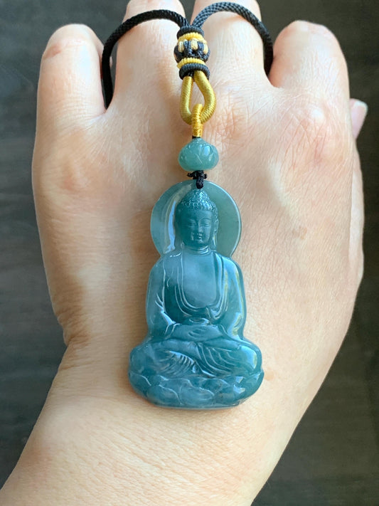 Natural Grade A Guatemalan Icy Translucent Gelatinous Teal Blue Jadeite Shakyamuni Buddha Pendant Rope Necklace