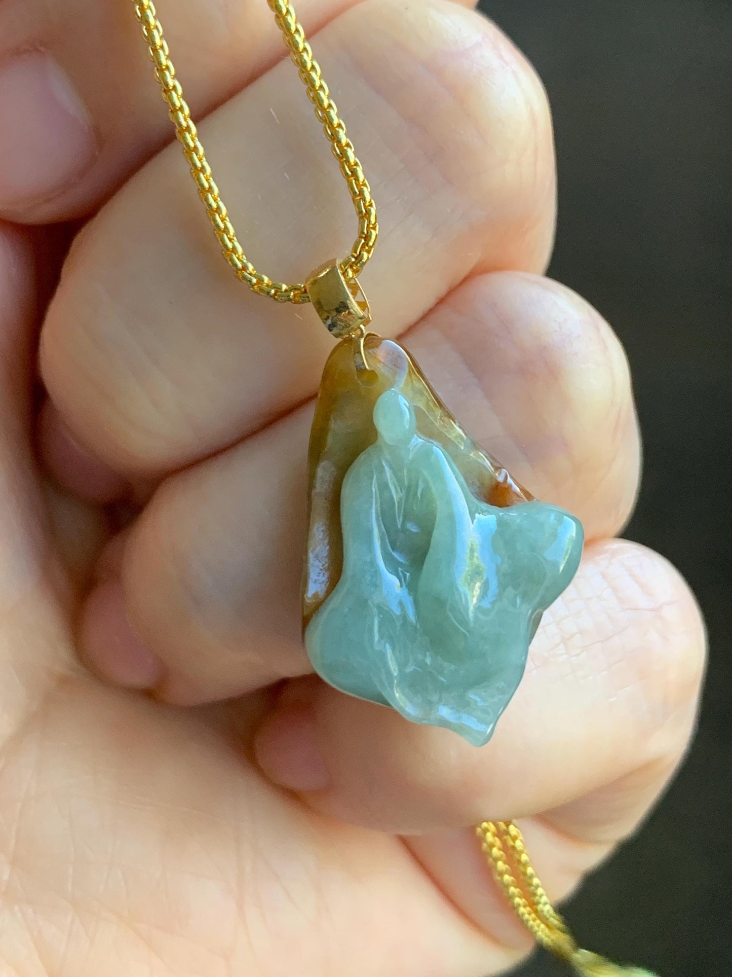 Petite Natural Grade A Bicolored Light Blue & Red Icy Translucent Jadeite Carved Chanting Monk Pendant 18K Yellow Gold