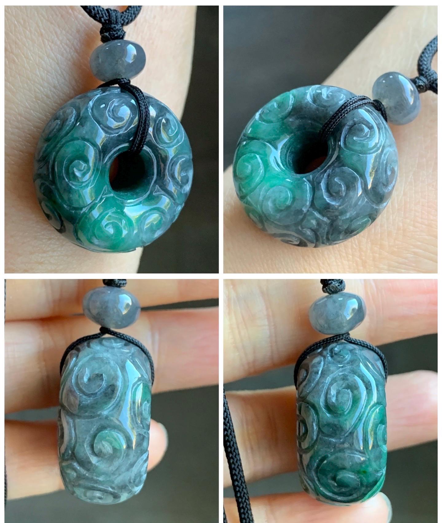 Natural Grade A Icy Translucent Wuji Vibrant Green Marbled Jadeite Pudgy Ping An Kou Donut Pendant Rope Necklace 25” 22g 天然乌鸡飘绿翡翠仿古平安肥扣吊坠