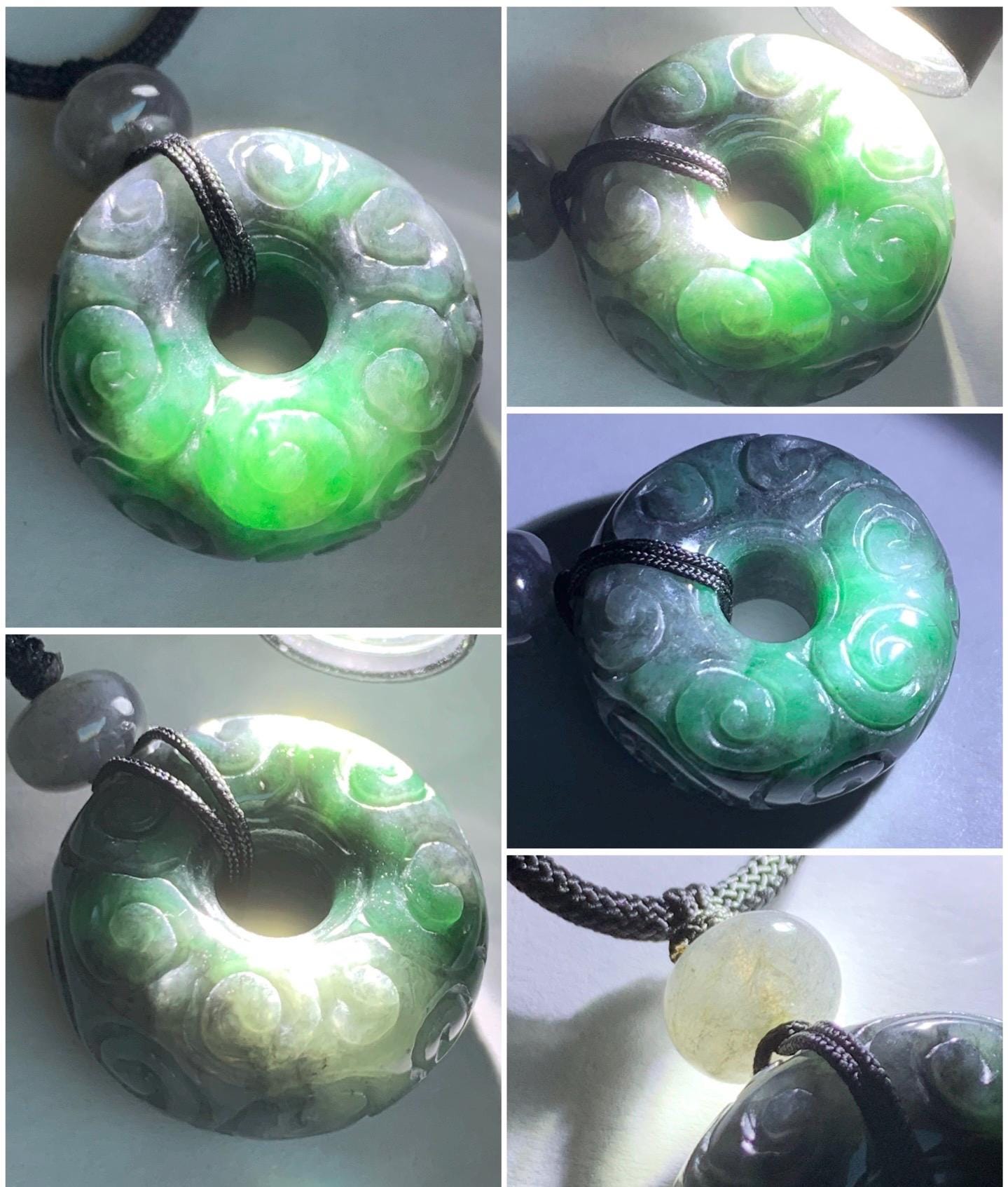 Natural Grade A Icy Translucent Wuji Vibrant Green Marbled Jadeite Pudgy Ping An Kou Donut Pendant Rope Necklace 25” 22g 天然乌鸡飘绿翡翠仿古平安肥扣吊坠