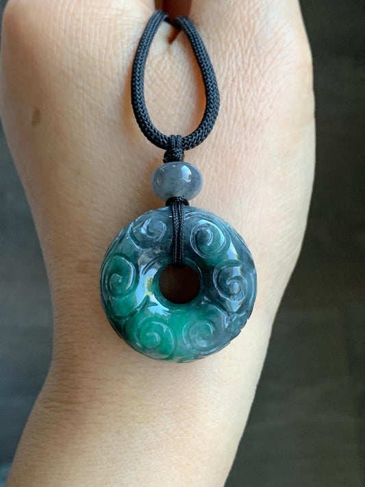 Natural Grade A Icy Translucent Wuji Vibrant Green Marbled Jadeite Pudgy Ping An Kou Donut Pendant Rope Necklace 25” 22g 天然乌鸡飘绿翡翠仿古平安肥扣吊坠