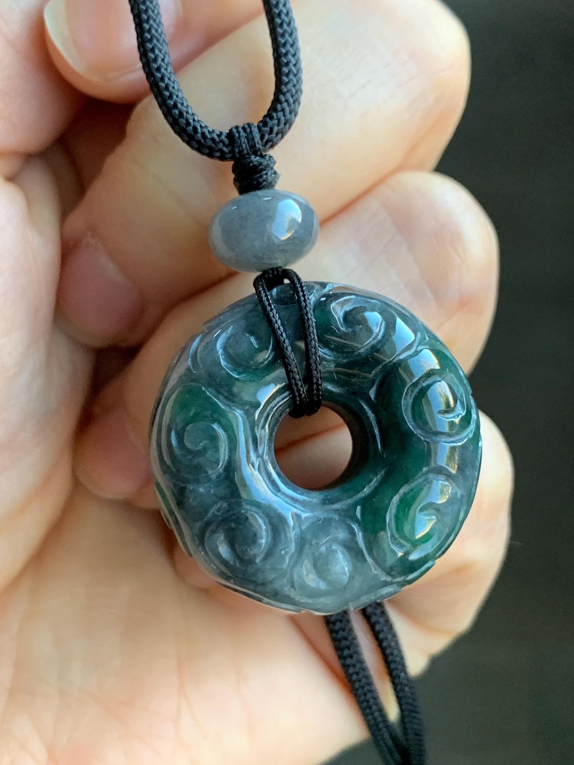 Natural Grade A Icy Translucent Wuji Vibrant Green Marbled Jadeite Pudgy Ping An Kou Donut Pendant Rope Necklace 25” 22g 天然乌鸡飘绿翡翠仿古平安肥扣吊坠