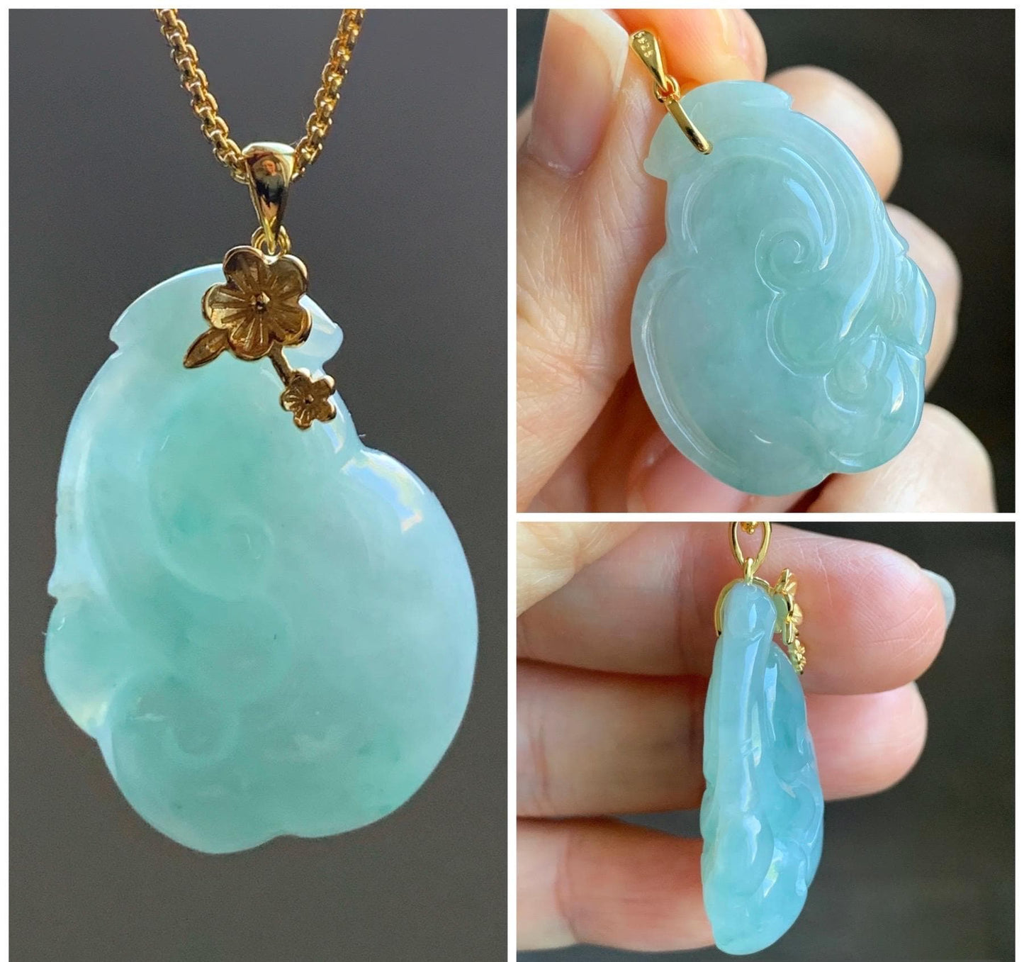 Natural Grade A Icy Translucent Gelatinous Light Greenish Blue Jadeite Pudgy Ruyi Pendant Sterling Silver Yellow Gold Finish 天然冰胶老种晴蓝底翡翠如意吊坠