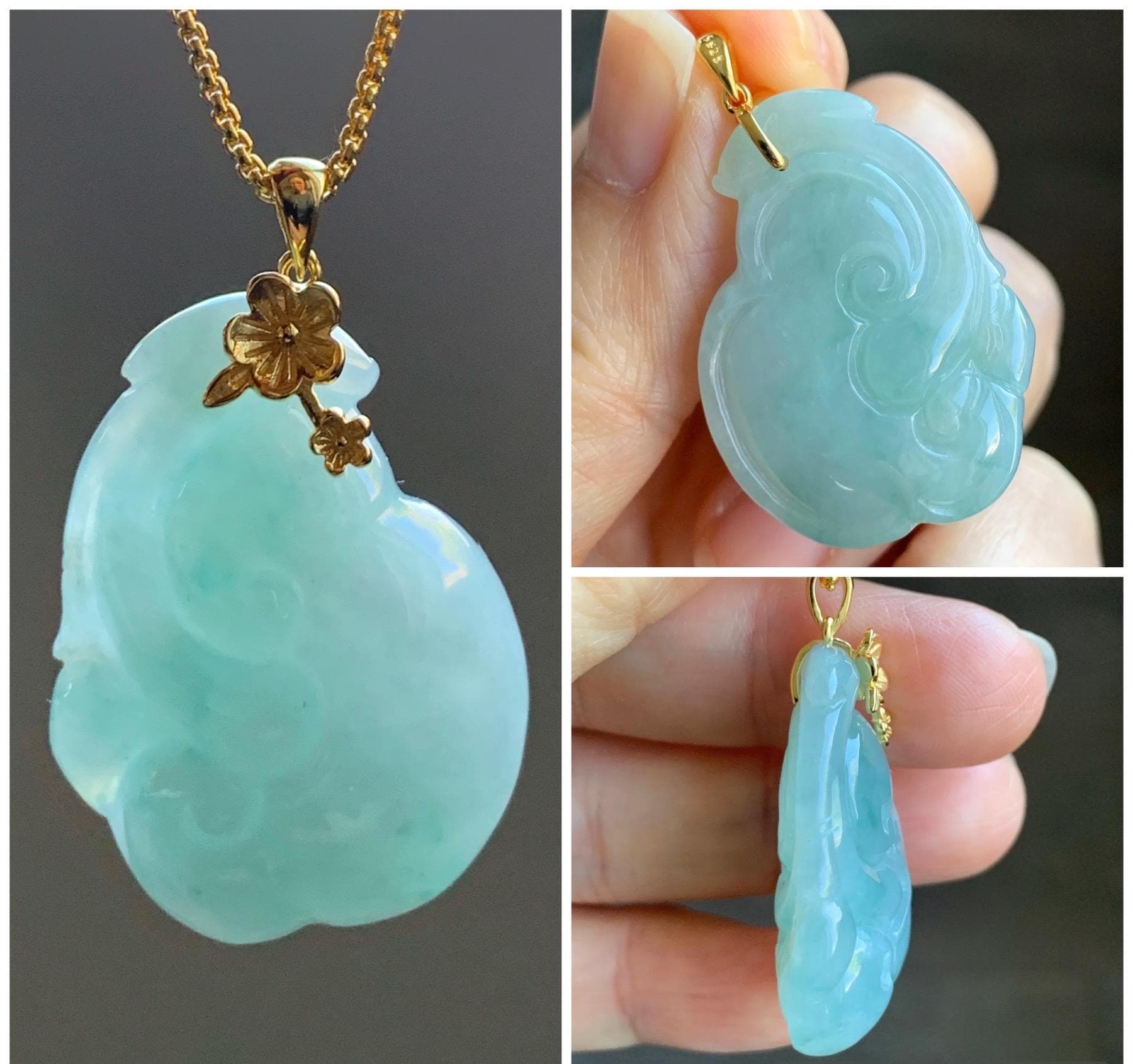 Natural Grade A Icy Translucent Gelatinous Light Greenish Blue Jadeite Pudgy Ruyi Pendant Sterling Silver Yellow Gold Finish 天然冰胶老种晴蓝底翡翠如意吊坠