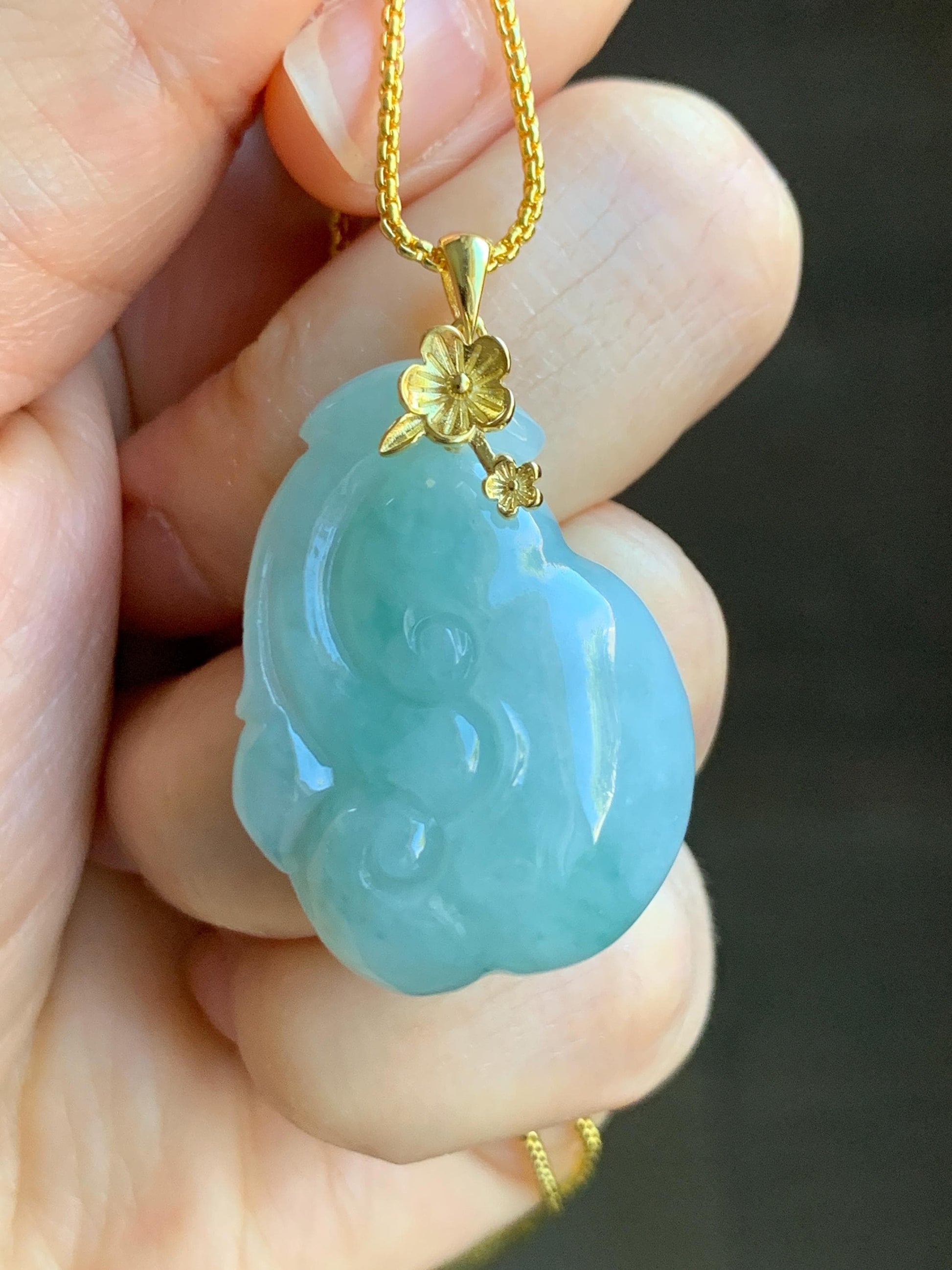 Natural Grade A Icy Translucent Gelatinous Light Greenish Blue Jadeite Pudgy Ruyi Pendant Sterling Silver Yellow Gold Finish 天然冰胶老种晴蓝底翡翠如意吊坠